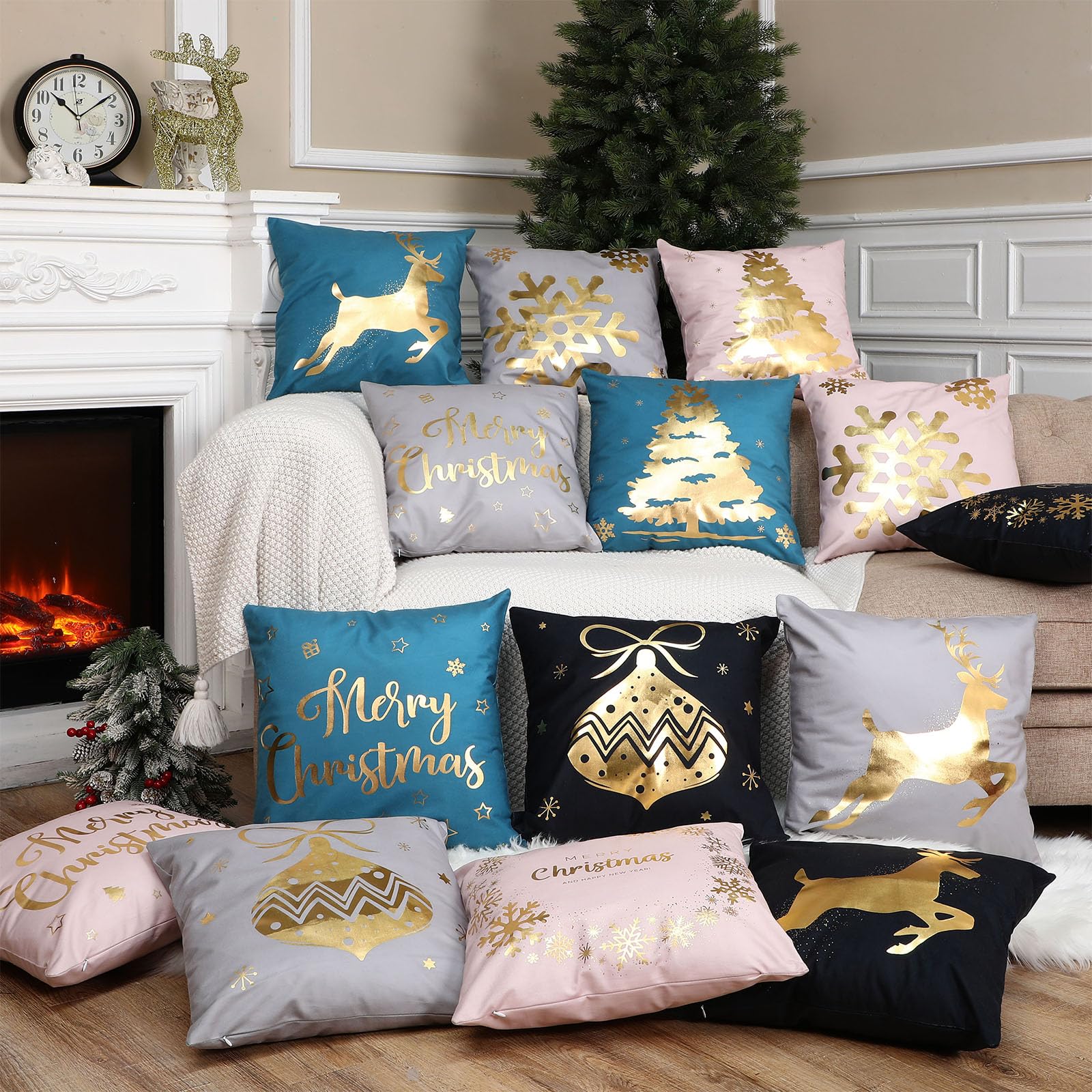 Tatuo 6 Piezas de Fundas de Almohada de Navidad Decorativas Cubiertas de Cojines Navideñas Festivales para Sofá Hogar Oficina Dormitorio Decoración Adorno, 45 x 45 cm (Rosado, Oro)