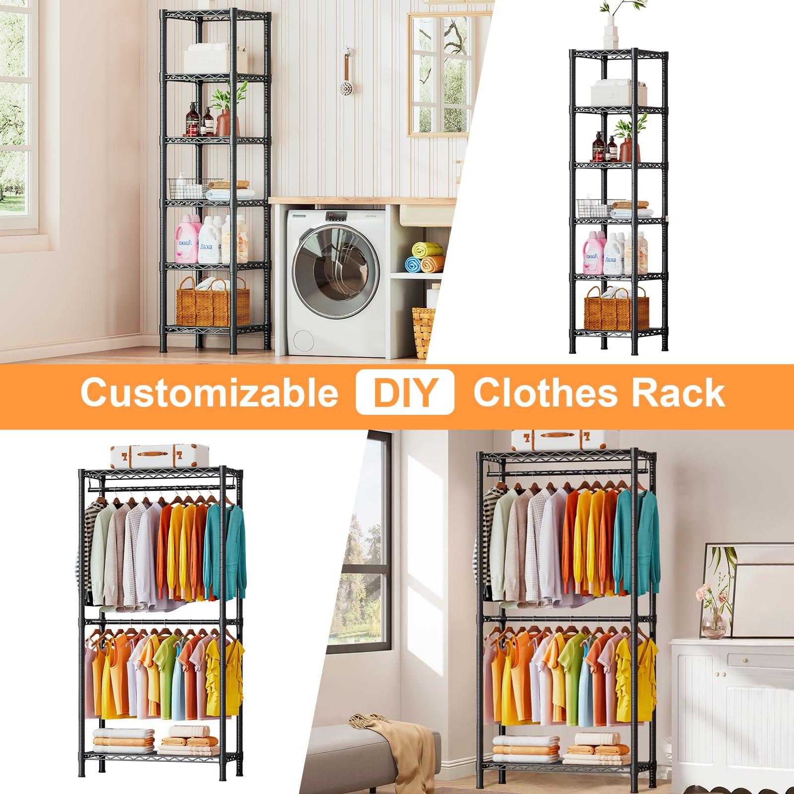 Perchero Burro Ropa Resistente 800kg | Retráctil y Divisible para Dormitorio/Lavadero | Estructura Estable, Estantes Ajustables, Portátil, Sin Herramientas (Negro)