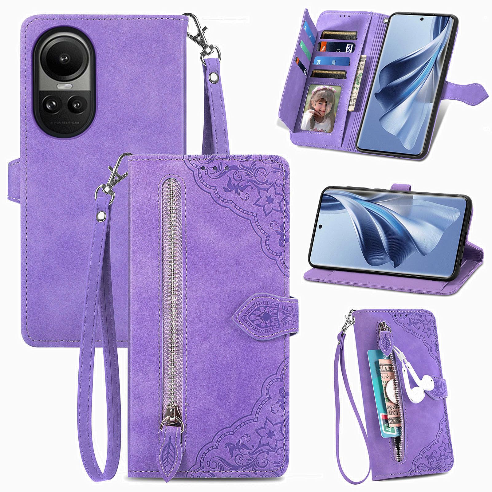 MOJIA Flip Case Compatible with OPPO Reno 10 5G / Reno 10 Pro 5G, PU Leather Zipper Wallet Case Flip Phone Cover with TPU Shell, Card Holder Multifunctional Case. Purple