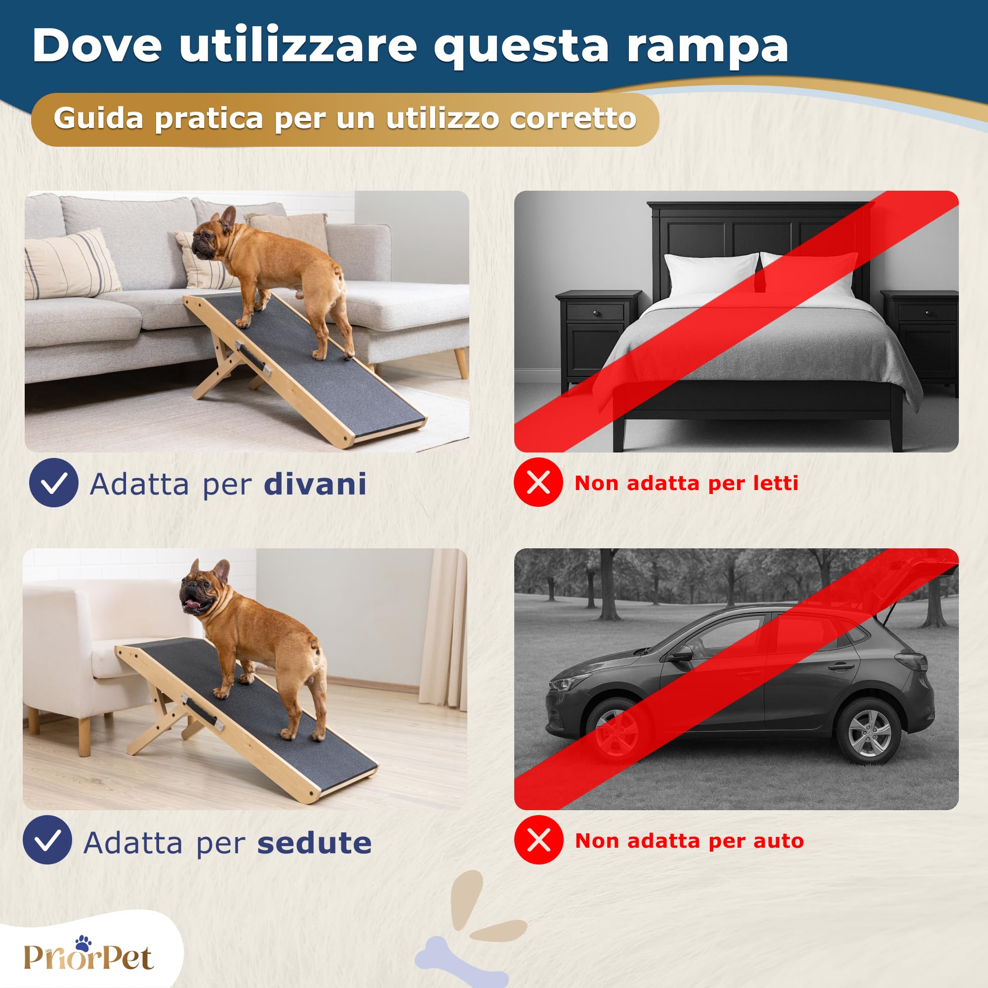 Rampa per Cani Piccoli o Grandi - Regolabile 18-53 cm - Per Letto e Divano - Legno di Betulla - La Piattaforma Si Collega Perfettamente - Rampa Pieghevole - Naturale