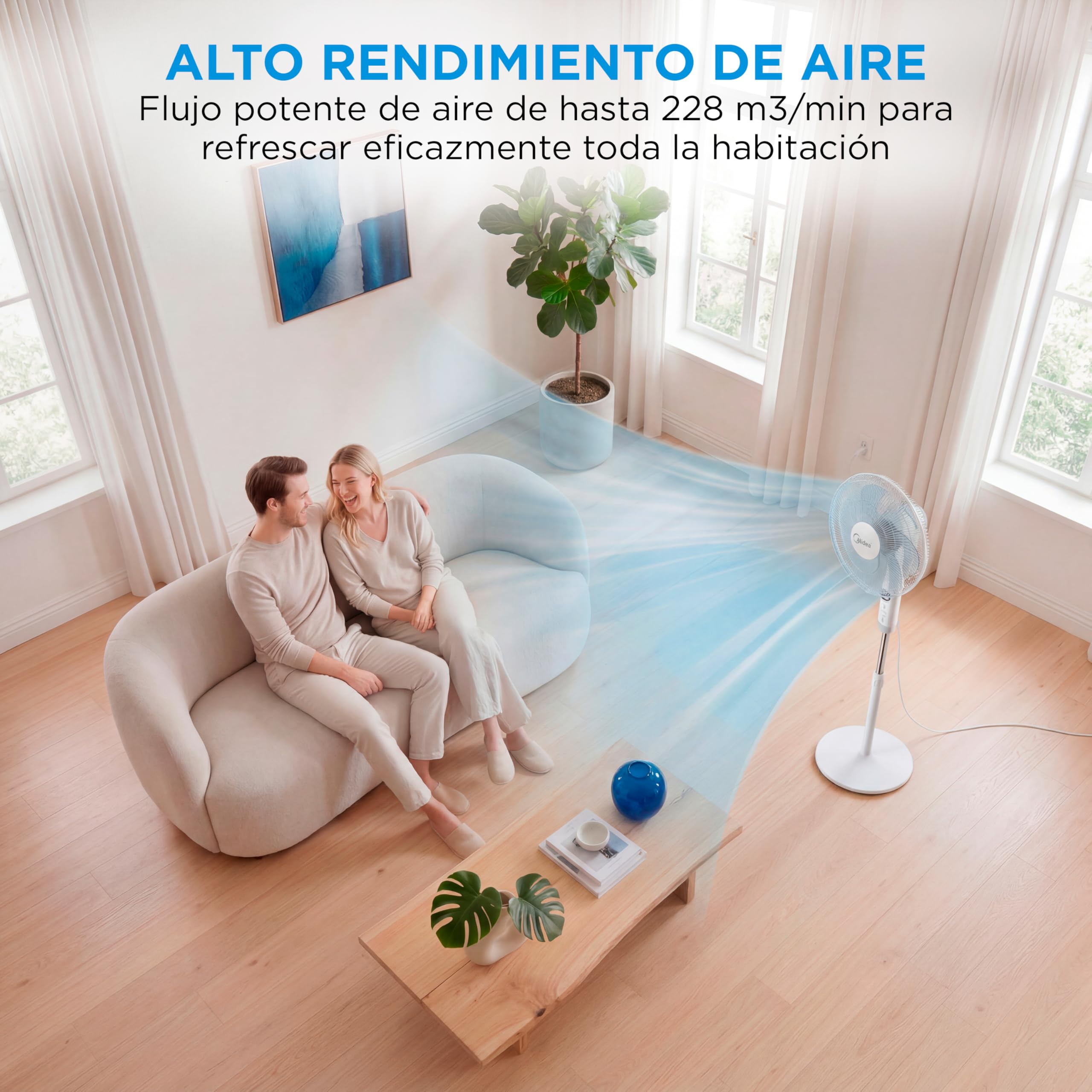 Midea Ventilador de Pie silencioso con Mando a Distancia y 3 velocidades - Ventilador Silencioso Oscilación 90º- Ventilador de Pie con Mando Temporizador 7h, Panel LED, Potente Motor, Altura Ajustable