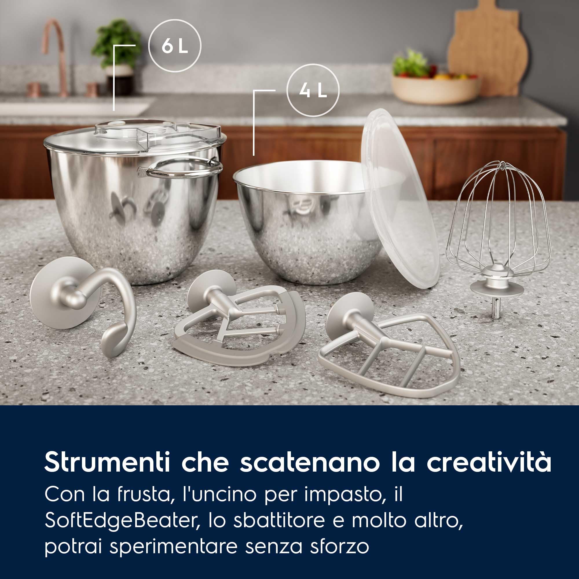 Electrolux, Impastatrice Planetaria E6KM1-4DRT, Robot da Cucina Multifunzione 1200 W, Ciotole 6 & 4 L, LED, Coperchio per Lievitazione, Accessori Completi, Rosso