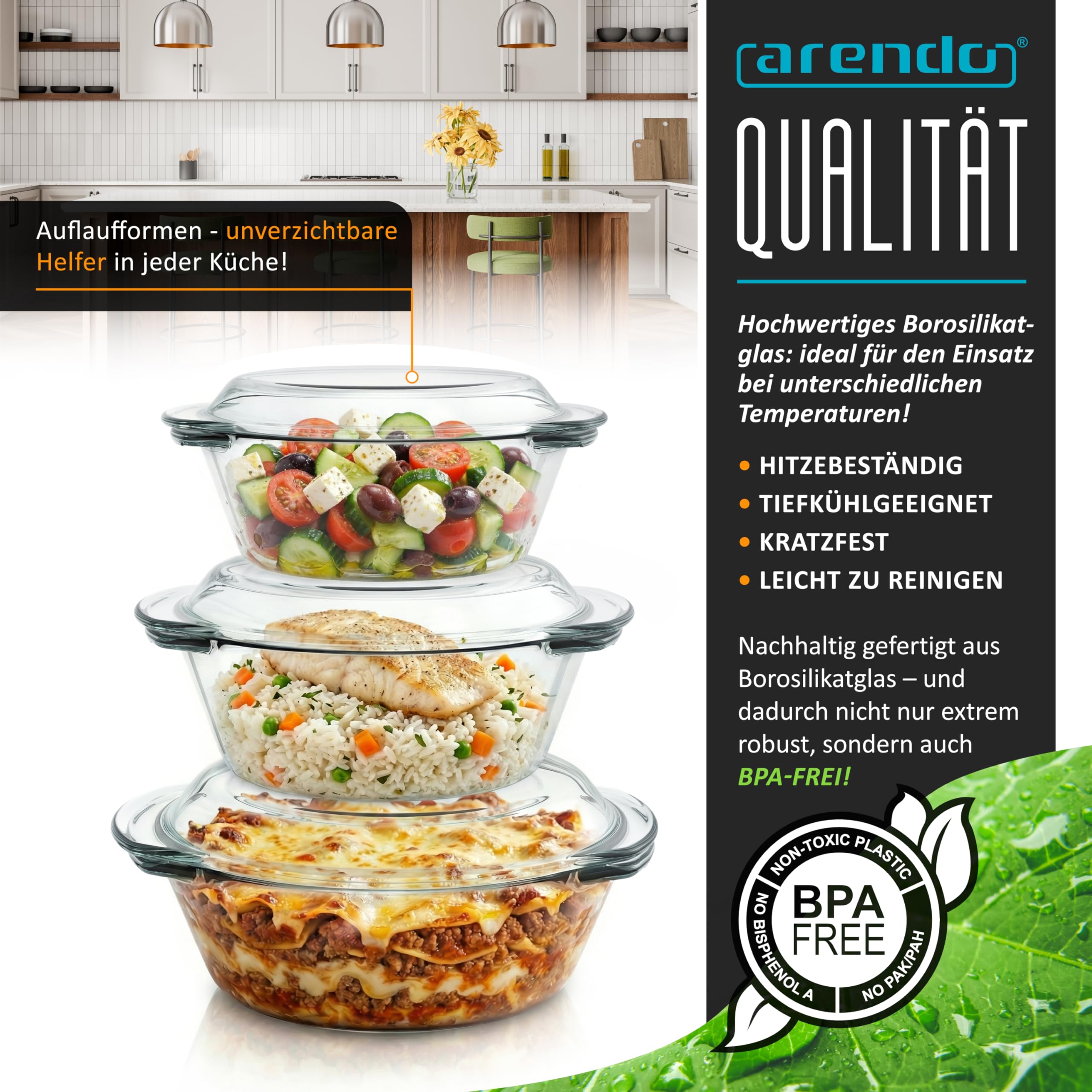 Arendo - Glas Ofenform Auflaufform rund mit Deckel und Griffen – 3er Set – Borosilikatglas – 3 Größen 1000ml 1500ml 2000ml – ofenfest – mikrowellengeeignet – nachhaltig BPA-frei - klein bis groß