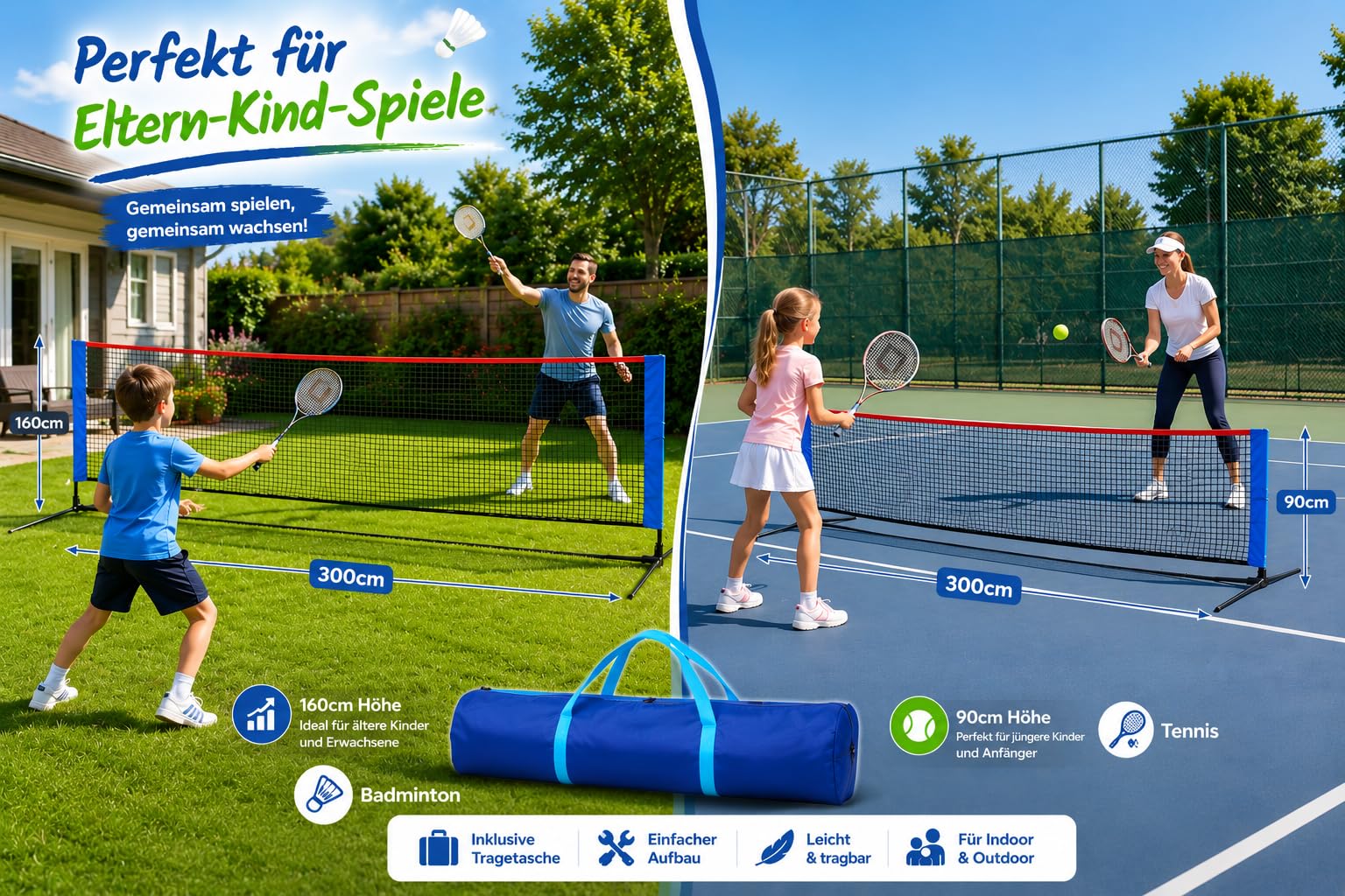 Kapler Badmintonnetz 300 cm: Höhenverstellbares Multisport-Netz 90/160 cm für Garten, Badminton, Tennis, Pickleball & Volleyball, tragbar