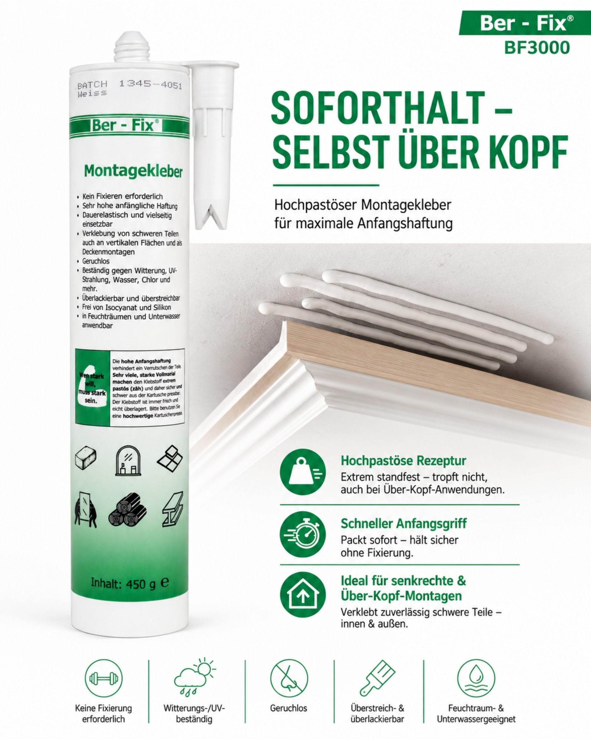 Ber-Fix Montagekleber nur Kleber extra stark weiß 3er Pack | Montagekleber nur Kleber weiß 3er Pack: Montagekleber für Kleben statt Bohren: geeignet für Leisten, Platten