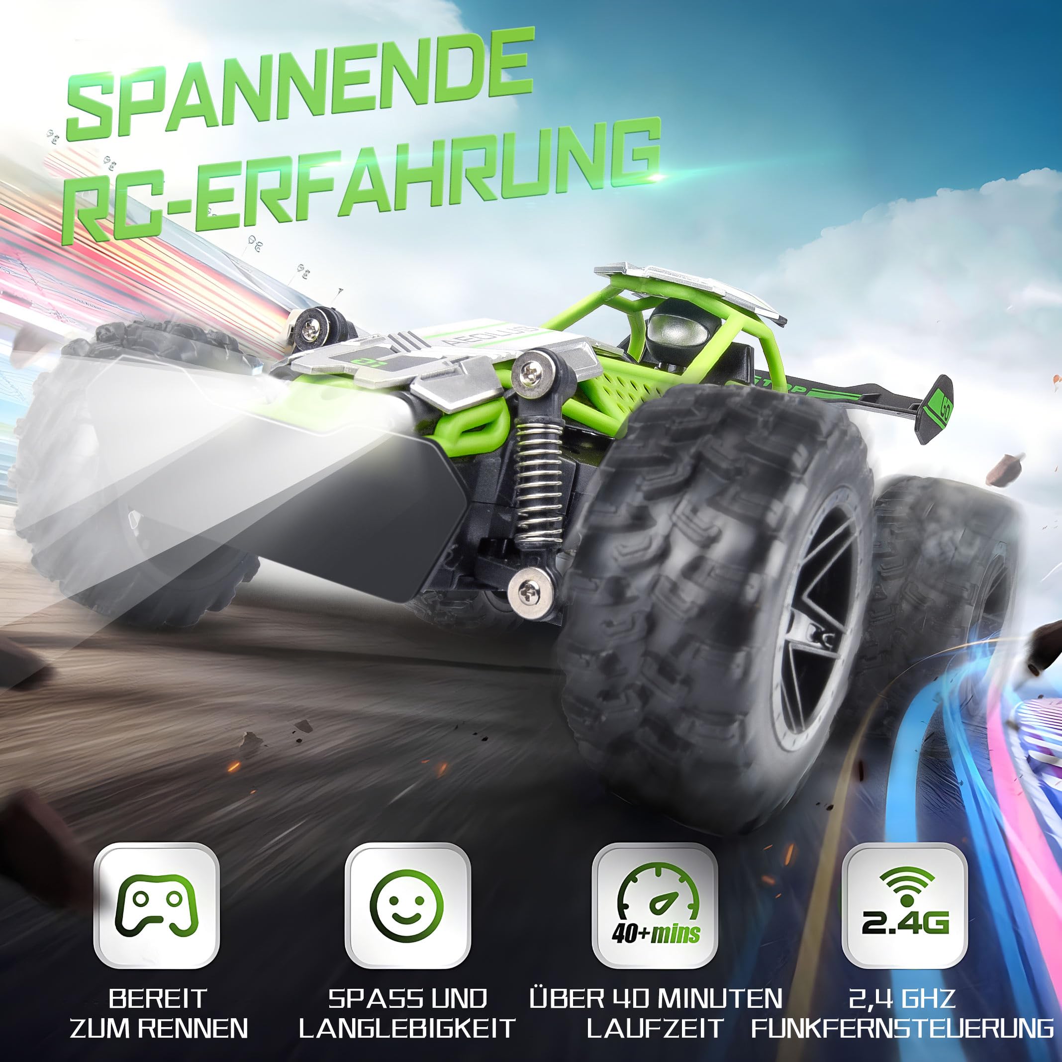 Pmgud Trucks Macchina Telecomandata Auto 1:18 Rc Cars, 2,4 GHz All Terrain Offroad Auto Radiocomandata 2WD 20 km/h Impermeabile con 2 Batterie Regalo Per Bambini Di 6-14 Anni(Verde)