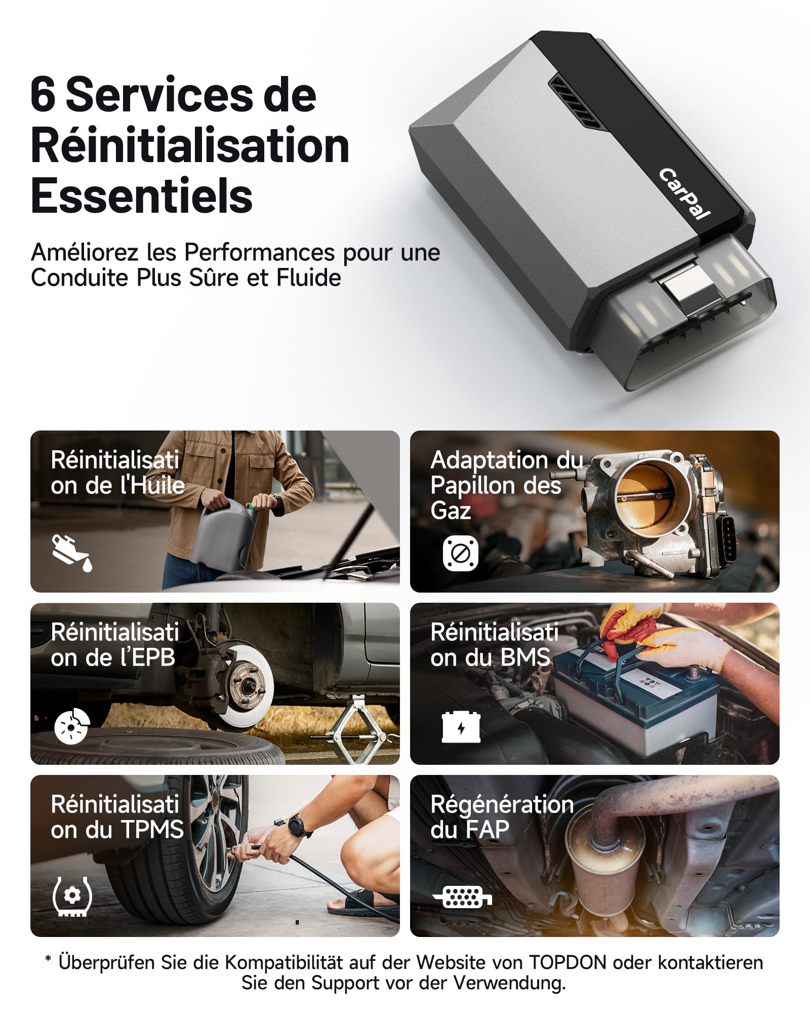 TOPDON Carpal-A Valise Diagnostic Voiture Bluetooth, Tous Les systèmes Diagnostic pour iOS et Android, 6 Services d'entretien, vérification de l'état du véhicule,1 an de Mise à Niveau Gratuite
