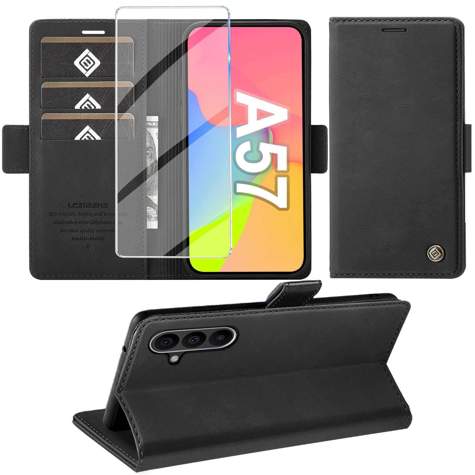 Giyer Handyhülle für Samsung Galaxy A50/A51/A52/A53/A54/A55/A56/A57 Hülle mit Schutzfolie, Standfunktion Kartenfach Wallet Premium