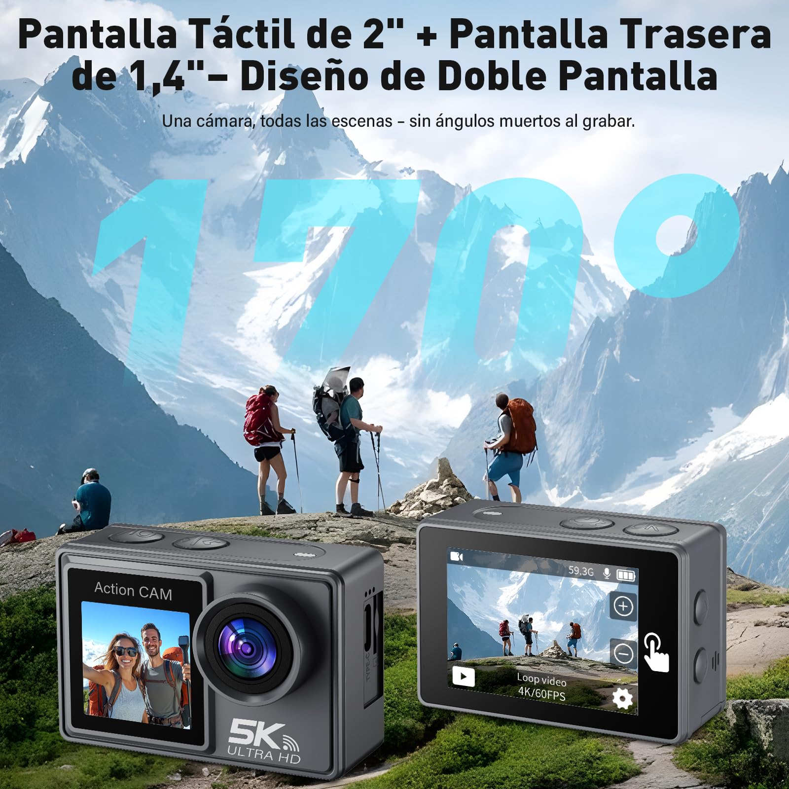 Cámara Deportiva 5K/4K 50MP - Cámara Subacuática 30M con Tarjeta de Memoria de 64GB, Estabilizador EIS, WiFi, 2 Baterías, Gran Angular 170°, Control Remoto, Ideal para Buceo, Casco camara moto
