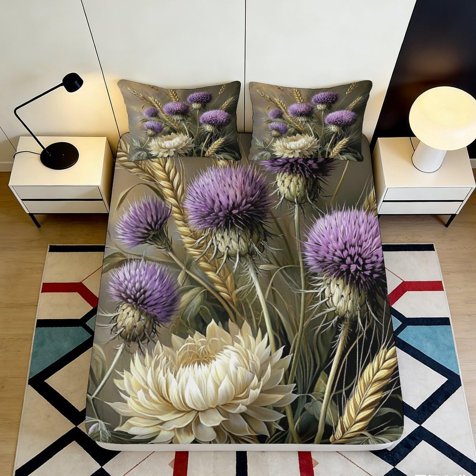 Pnayamiorkfel Style-3 3D Printed Thistle Meadow Fitted Sheet Microfiber Anti-Slip Floral Mattress Cover For Bedroom Guest Room Decor 90X200x25cm