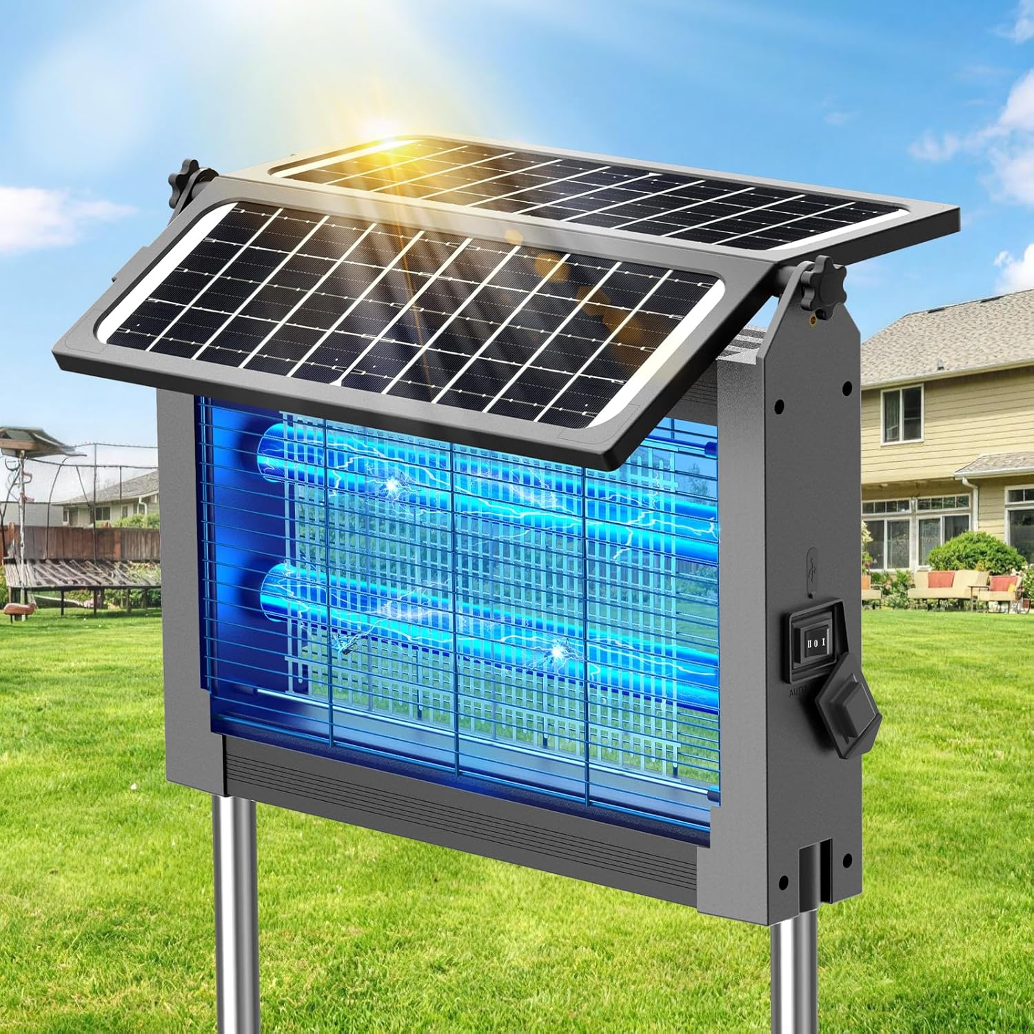 Solar Bug Zapper Outdoor with 2 Solar Panels, Waterproof Mosquito Zapper, 4500V Electric Bug Zapper Indoor with Smart Light Sensor, Mosquito Trap Fly Zapper for Patio Backyard Kitchen RV Camping