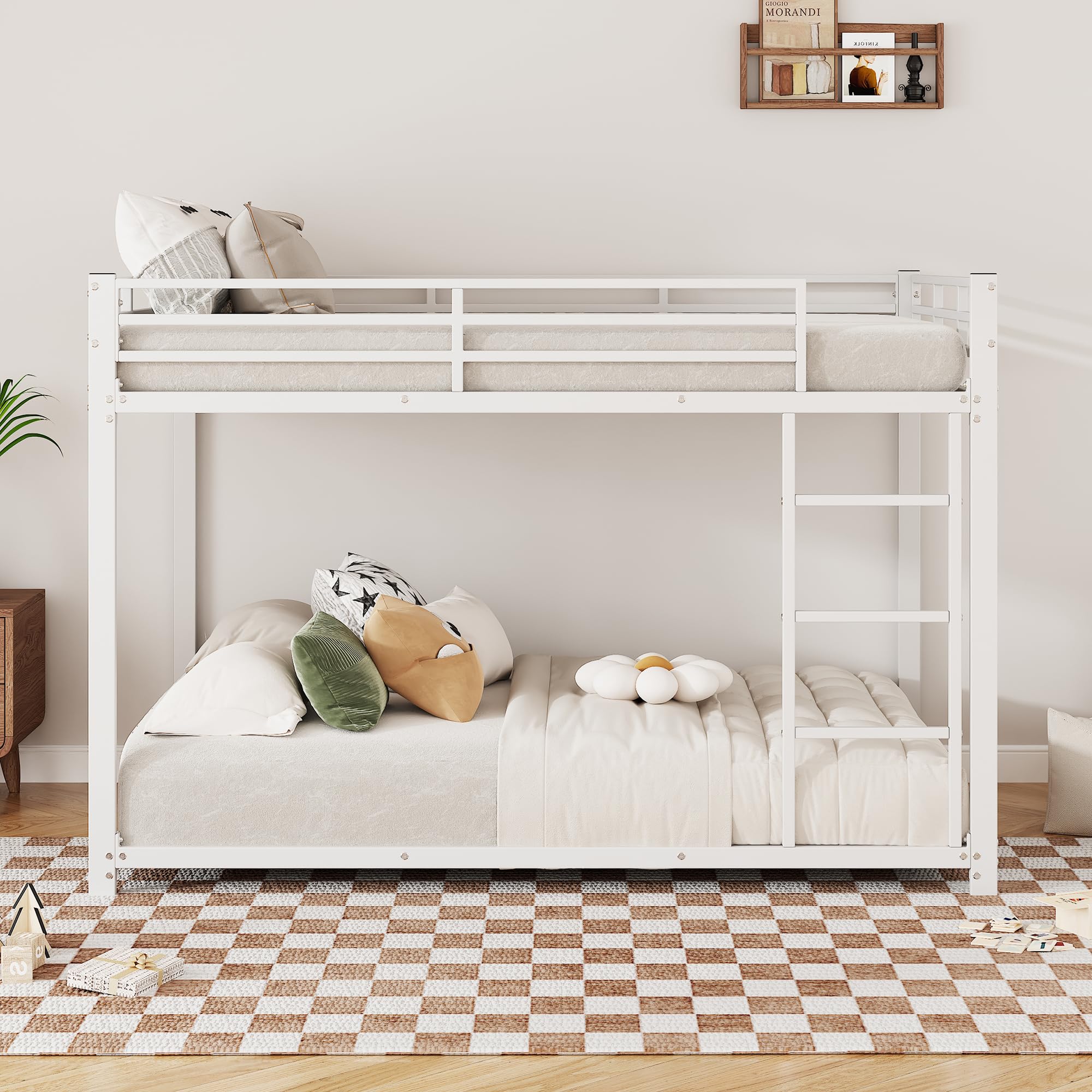 Cama alta de 140 x 200 cm, litera para 2 niños, estructura de metal, literas con barandilla alta estable, color blanco (blanco, 140 x 200 cm)