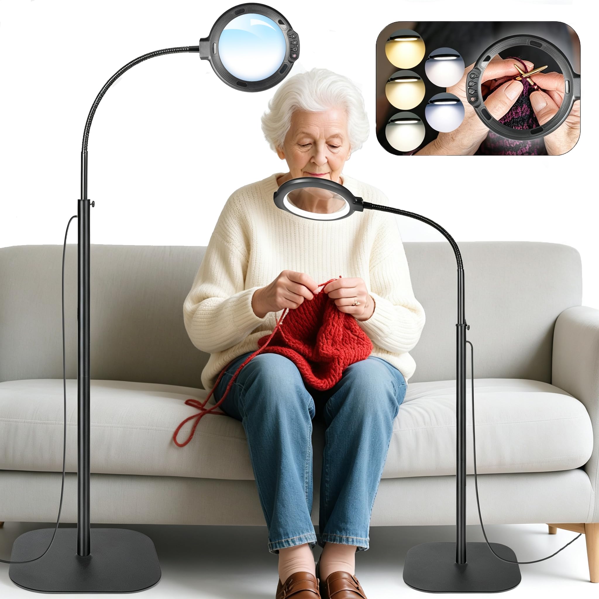 GABORISH 10 lupas de pie con luz y soporte, 3 en 1 con 54 LED, cuello de cisne flexible con abrazadera, 5 modos de color, intensidad regulable, lupa de lectura con luz para personas mayores, grande