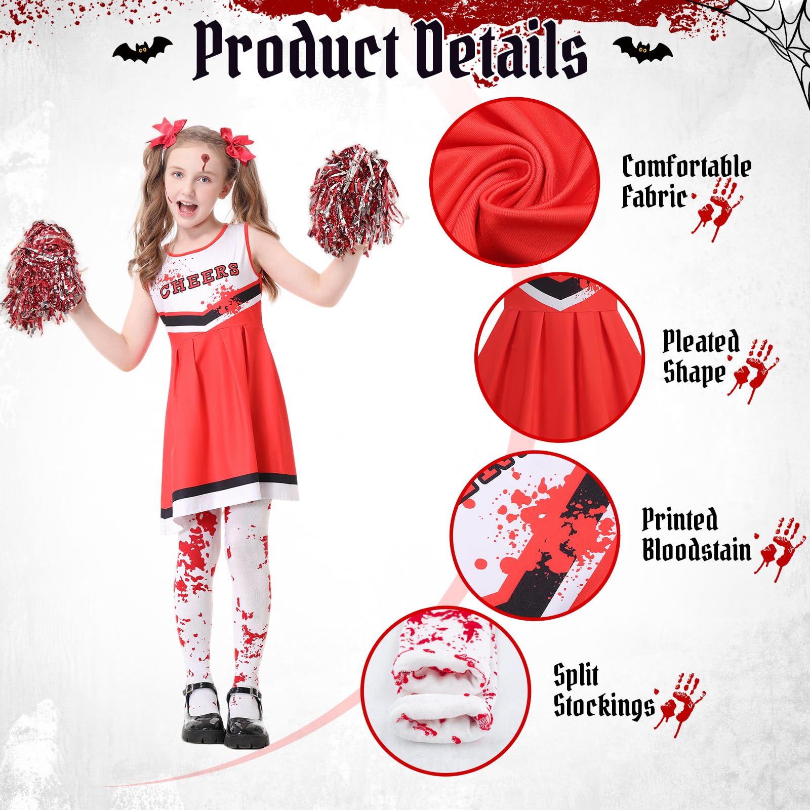 Mystery Code Vestito Halloween Bambina, Costume Zombie Cheerleader per Ragazza con Pom Poms, Calze, Tatuaggi e Capelli, Strega Costumi Halloween Diavolo Bambina Feste e Cosplay per 7-12 Anni Bambini