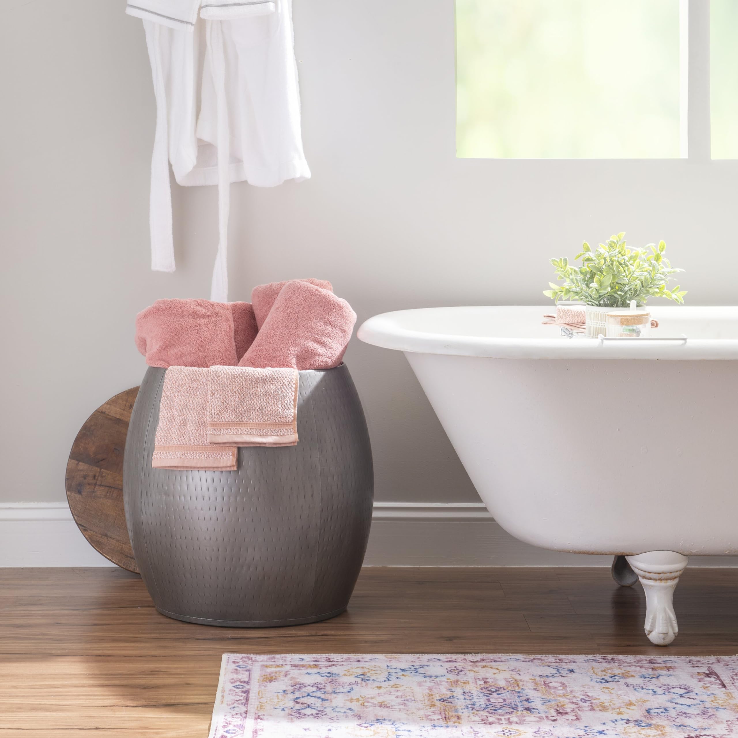 Seeta Arts Distressed Drum Table with Natural Wood Lift Top Storage | Modern Large Metal Accent Side Table | Unique Coffee Table Nightstand for Living Room and Bedroom | Silver