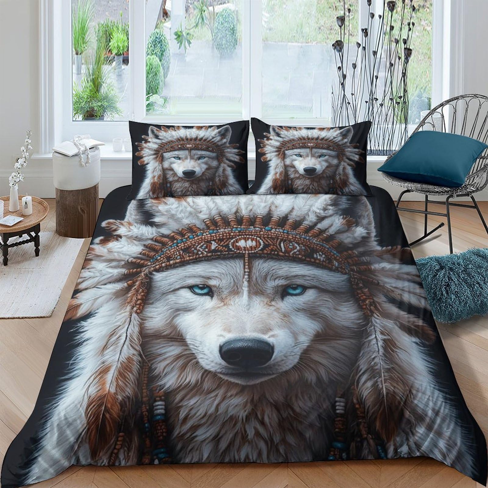 Ctjqhvkz Style-9 3D Printed Wolf Native Headdress Fitted Sheet Microfiber Soft Breathable Tribal Animal Bed Cover For Bedroom Dorm Mattress Protection Decor Single（135X200cm）