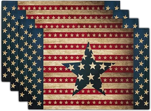 Juego de 4 manteles individuales de lino del 4 de julio, Día de la Independencia, patriótico, bandera estadounidense, estrella, antideslizantes,