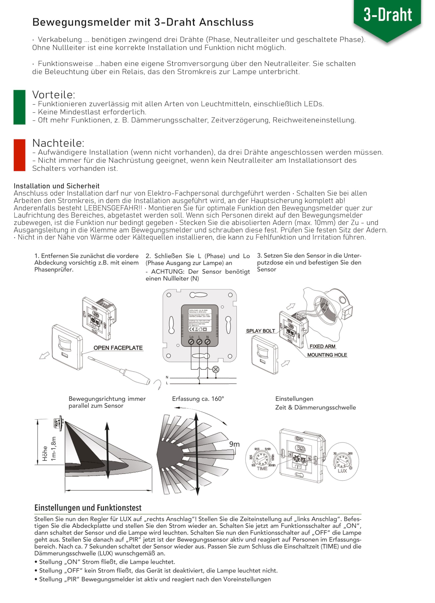 ChiliTec Rilevatore di movimento a 3 fili, 160°, 9 m, adatto a LED, montaggio a incasso, 4 pezzi, bianco