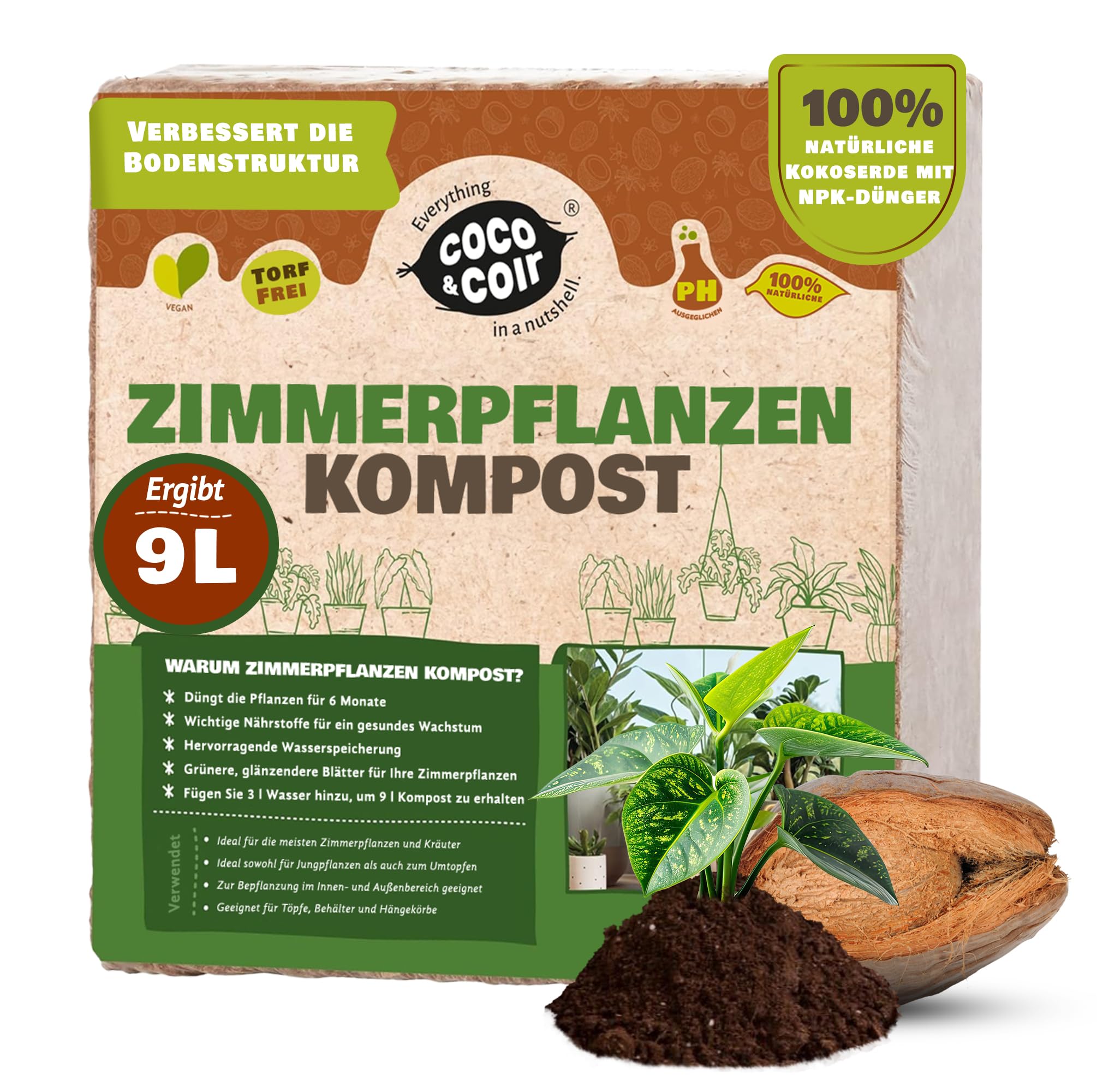 Kokos & Kokosfaser Zimmerpflanzen-Mix, torffreie Blumenerde fr  Zimmerpflanzen, Pflanzennahrung, angereicherter Zimmerpflanzen-Kompost mit  Zimmerpflanzen-Dnger-Formel (9L) : Amazon.de: Garten