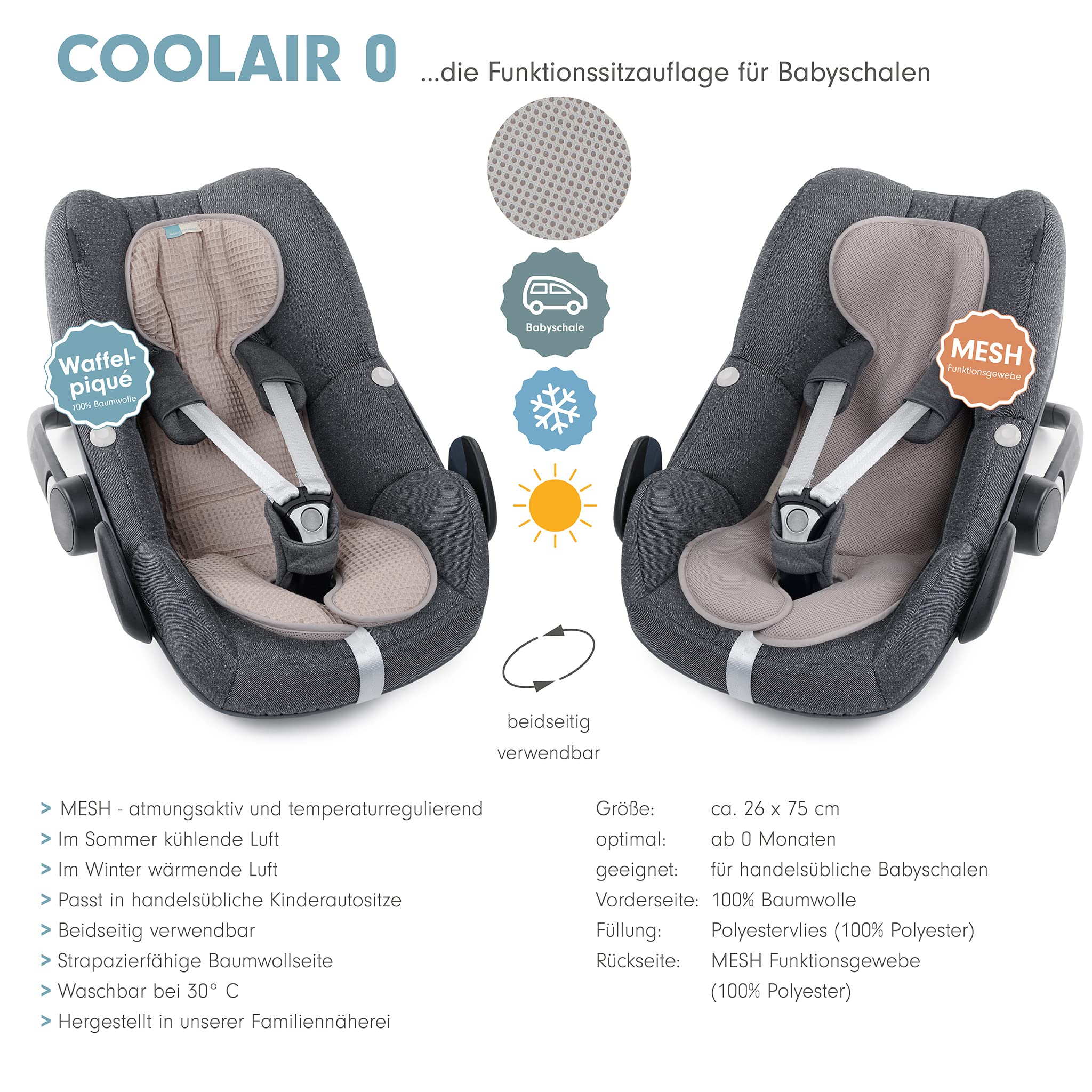 Coolair 2in1 Sitzauflage Babyschale Reboarder Gruppe 0 I Schonbezug 2 seitig verwendbar Meshstoff & Baumwollstoff I Sitzeinlage waschbar & atmungsaktiv I Sitzverkleinerer