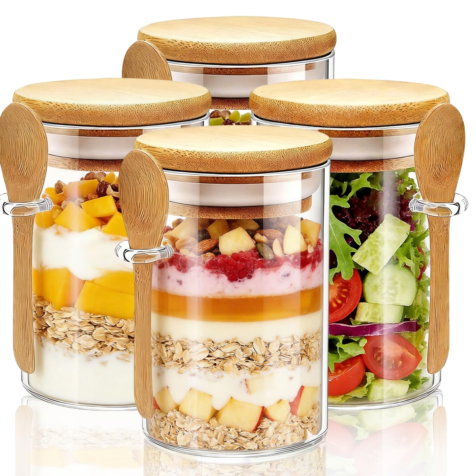 Eidoct 4 Pack Overnight Oats Containers With Wooden Lids And Spoon, 500Ml Overnight Oats Jar, Yoghurt Pots With Lids, Glass Cereal Storage Containers For Oatmeal, Chia Pudding, Yogurt, Salad, Coffee Beans ﻿