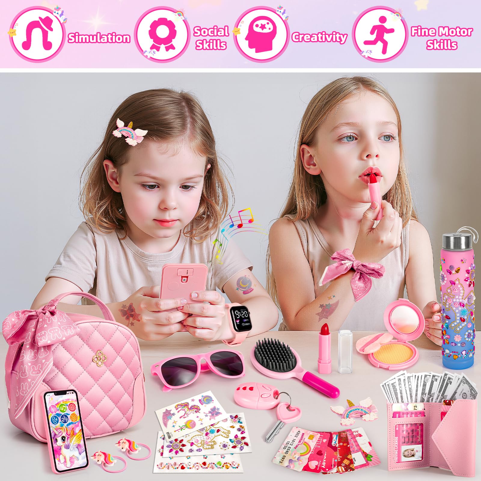 Hohosunlar Sac à Main Petite Fille, Faux Maquillage, DIY Licorne Bouteille d’Eau Fille, Watch, Téléphone Portefeuille Clés, Jouet de Princesse, Noël Cadeau d'anniversaire Jouet Filles 3 4 5 6 7 8 Ans