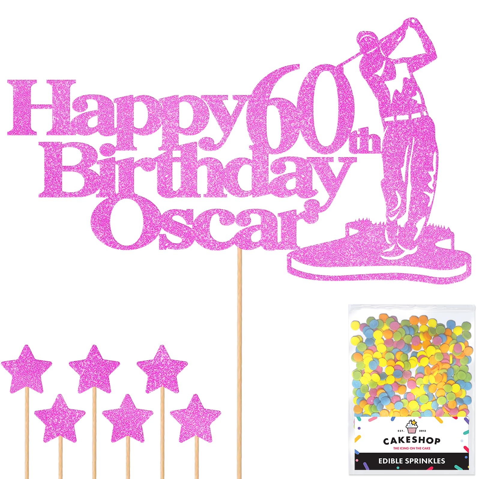 Personalised Golf Golfer Glitter Cake Topper - Light Pink Custom Age & Name Glitter Cake Decoration and Sprinkles - Happy Birthday Decorations - Personalised Toppers for Cakes by Cakeshop — image 1