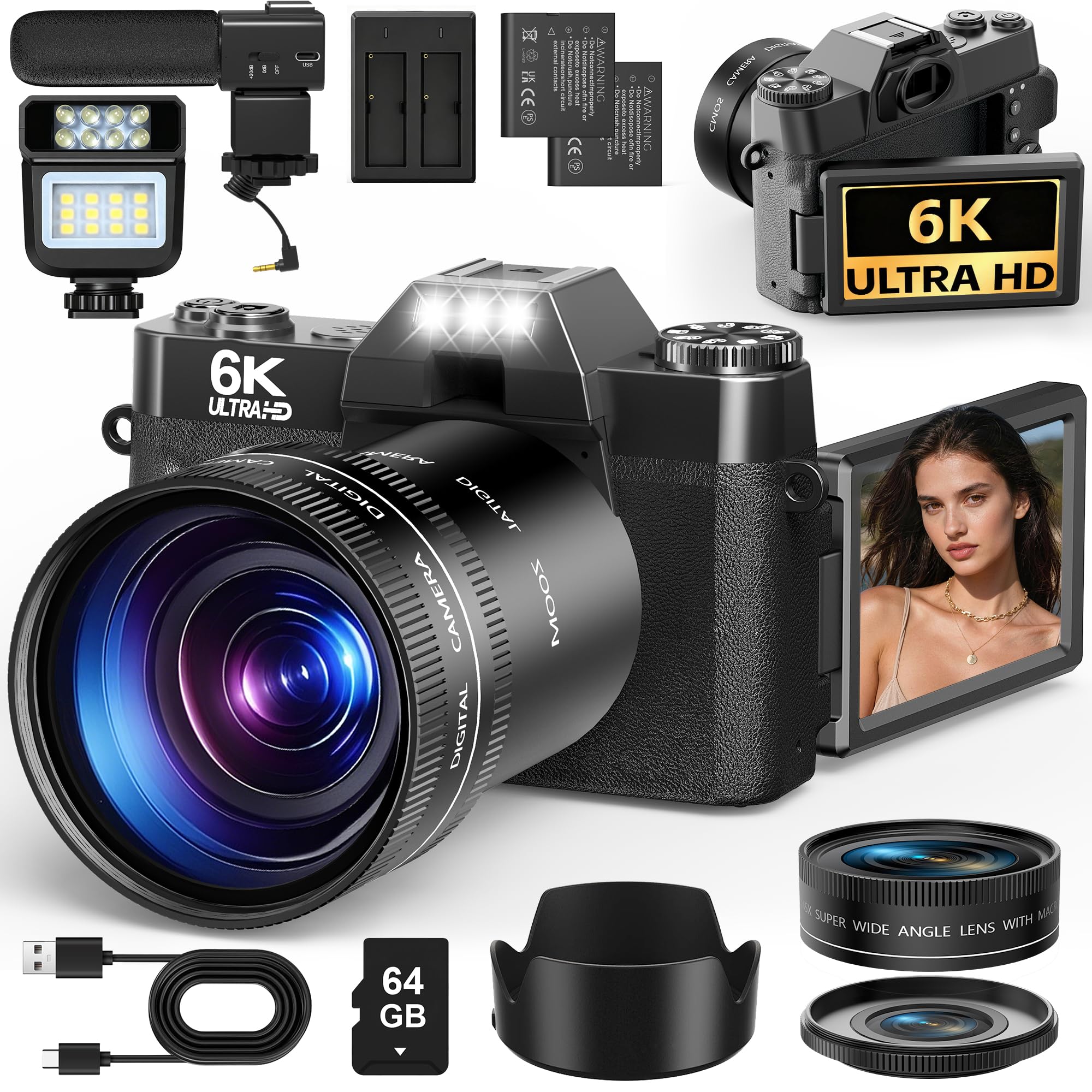 Appareil Photo Numérique 6K 64MP avec WiFi, Zoom Numérique 16X, Carte 64Go
