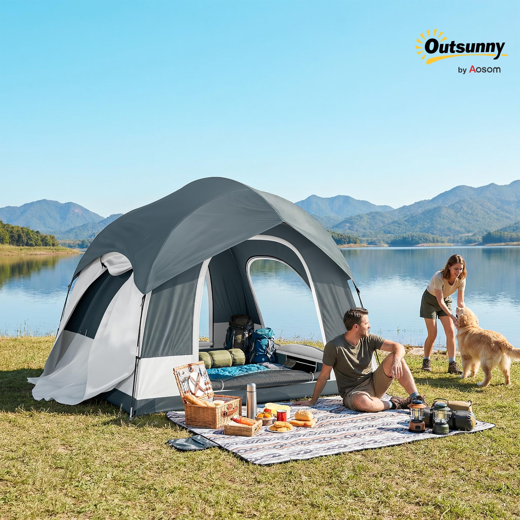 Outsunny Tente de Camping Facile à Monter 2-4 Personnes avec 3 Portes, Imperméable, Compatible avec SUV, avec Double-Toit Amovible, Tapis de Sol et Sac de Transport, Bleu Foncé