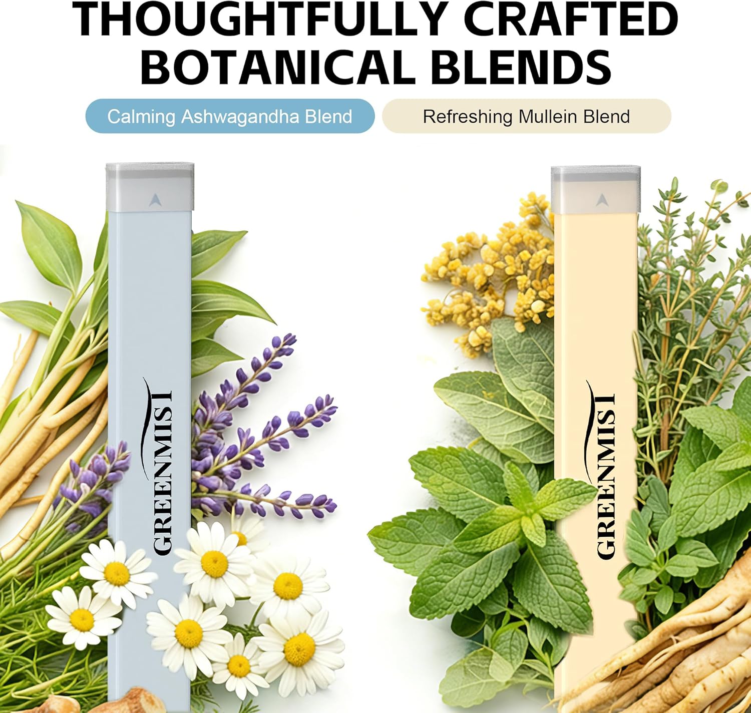 Natural Herbal Diffuser Pen Combo Pack (2 Pack), Mullein & Peppermint + Ashwagandha & Lavender, Plant-Based Aromatherapy Diffusers, Calming & Refreshing Herbal Aroma, Up to 800 Uses Each