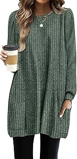 OFEEFAN Camisas de manga larga para mujer, suéteres largos con bolsillos, túnica de ajuste holgado