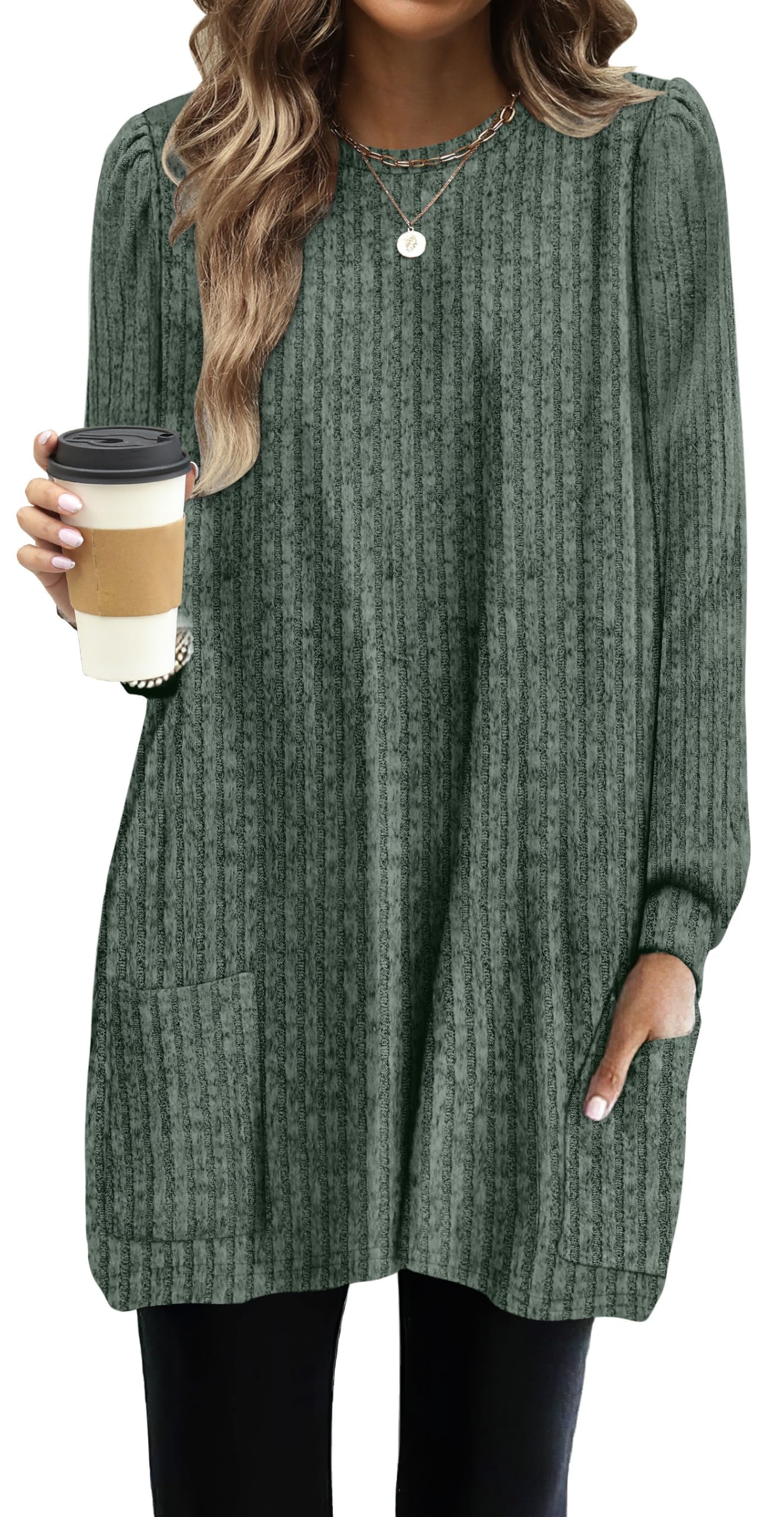 OFEEFAN Long Sleeve Shirts for Women Long Sweaters with Pockets Tunic Tops Loose Fit