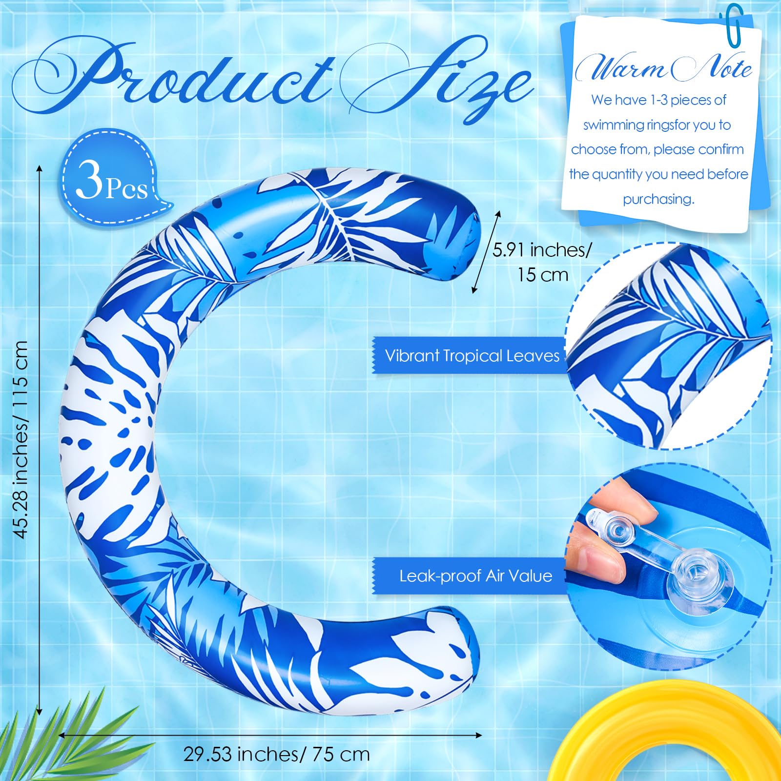 Jumbo Inflatable Pool Noodle Float - 45" Blue Curved Hawaiian Leaf Design For Adults, Summer Beach & Pool Fun