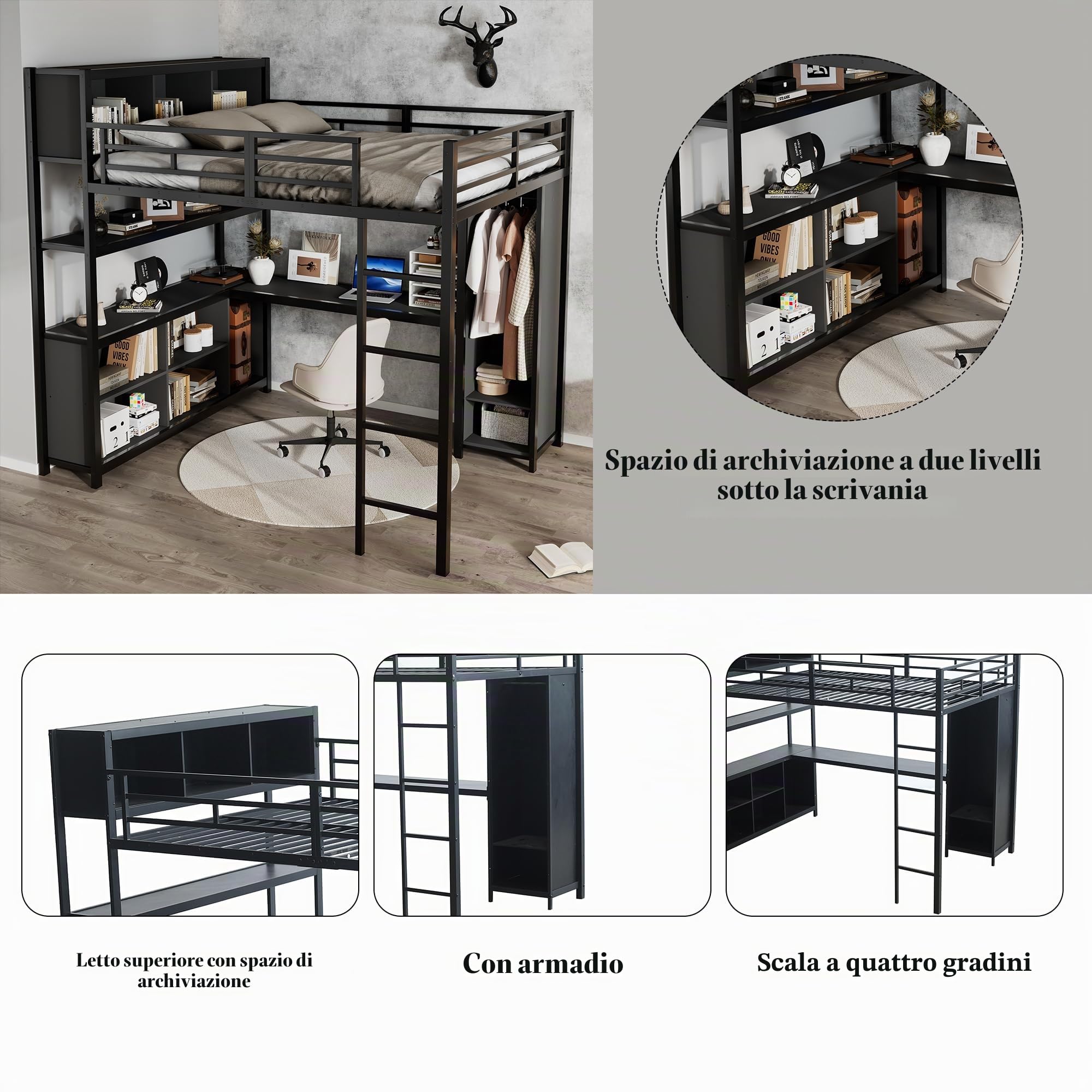 Letto a soppalco in metallo, 140 x 200 cm, con scrivania e armadio aperto, combinazione di scomparti portaoggetti, salvaspazio, adatto per adulti e ragazzi, nero