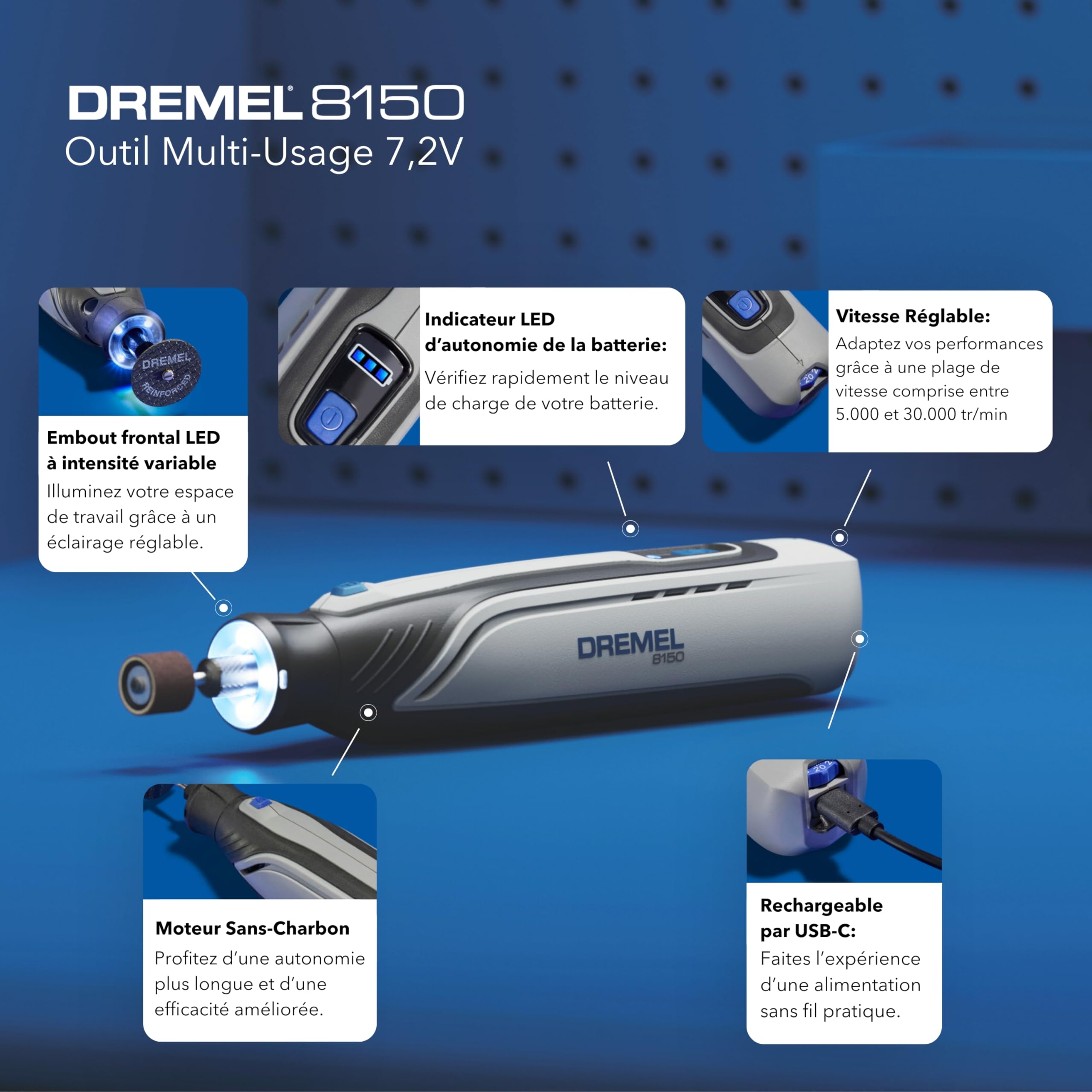 Dremel 8150 outil multi-usage sans-charbon 7,2 V batterie rechargeable USB-C 2 Ah 20 accessoires vitesse variable 5.000-30.000 tr/min