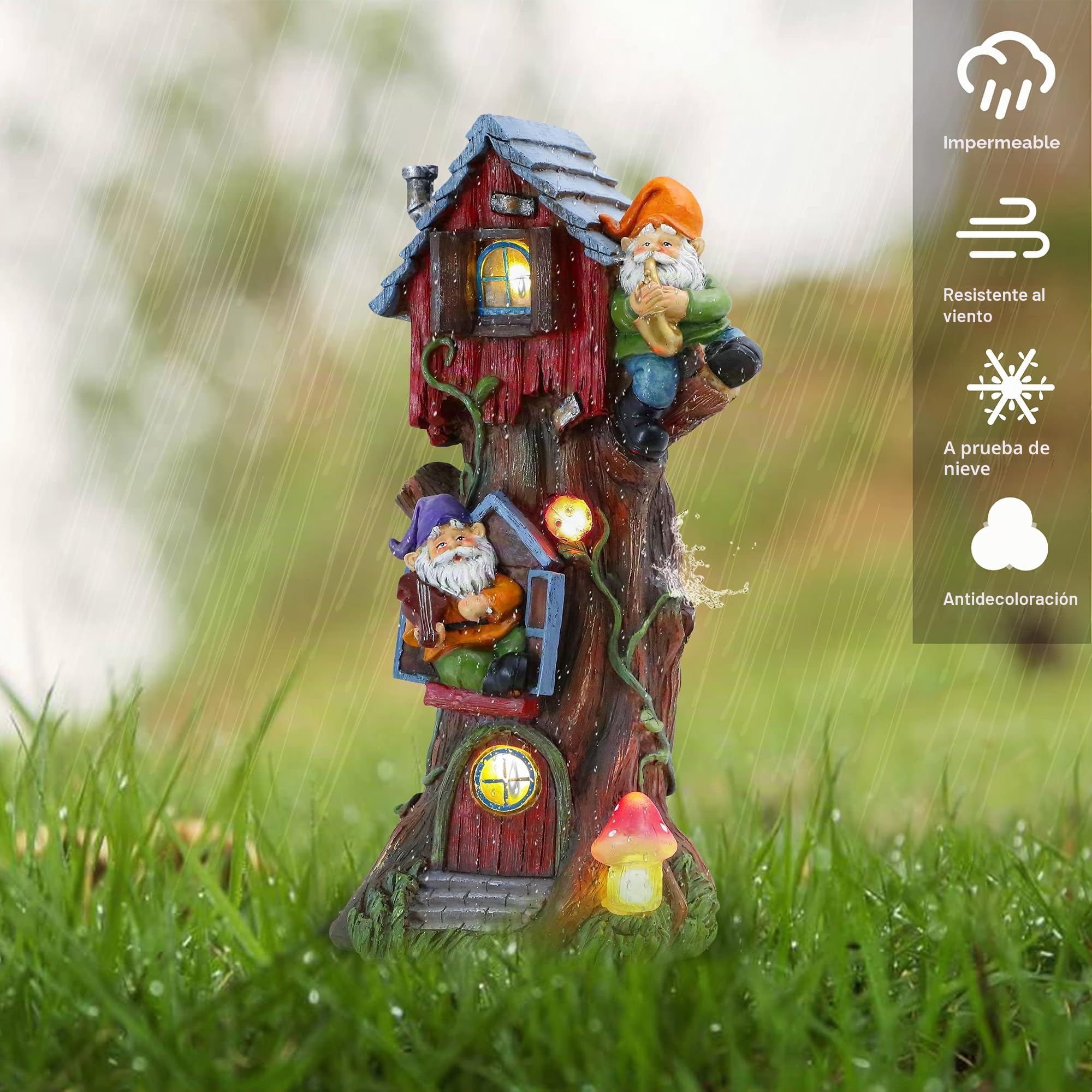 TERESA'S COLLECTIONS Adorno Jardín Exterior，Estatua de Gnomos en Árbol con Luces Solares，Figura de Resina Impermeable para Patio, Balcón y Decoración de Hogar, Regalo para Mamá, 28 cm
