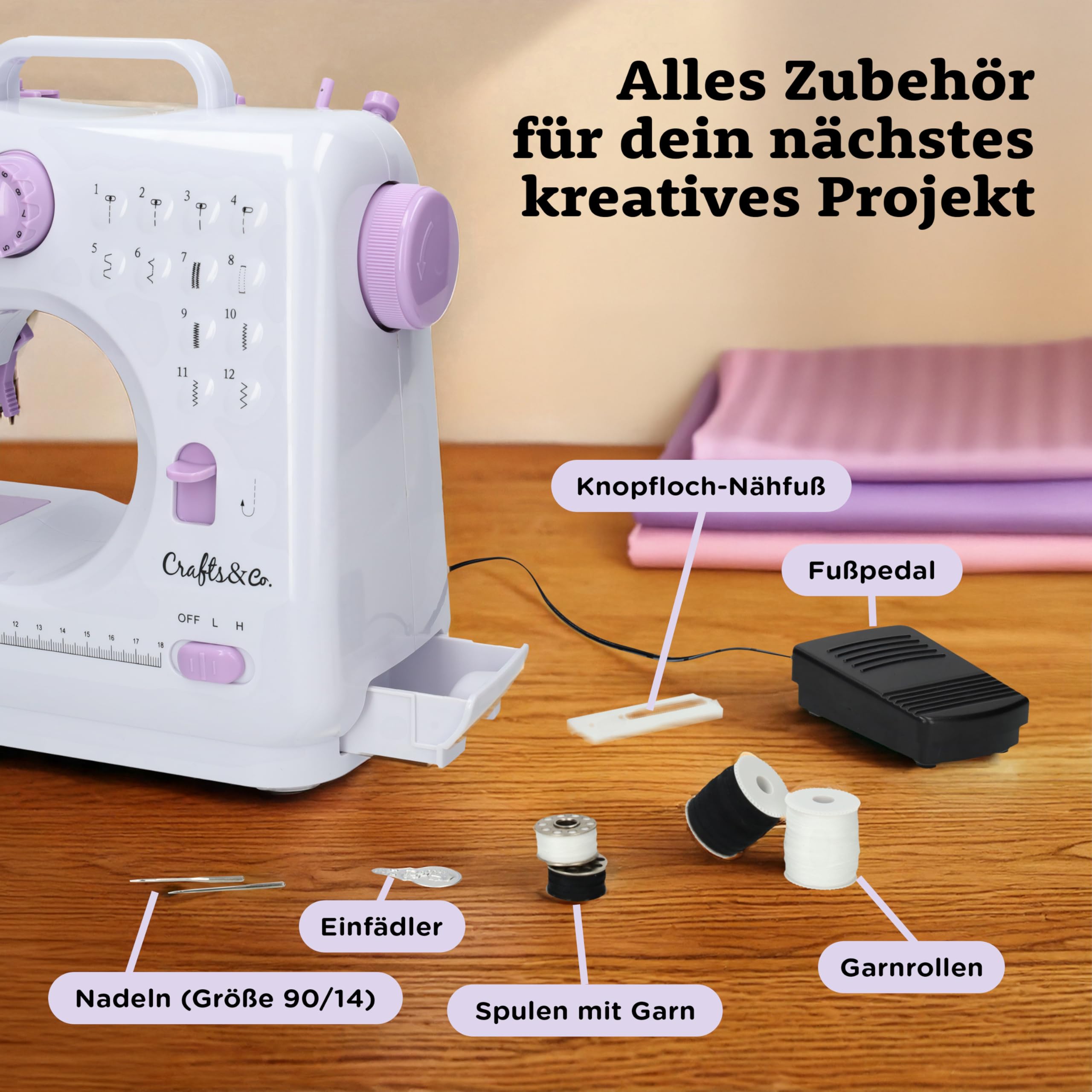 Crafts&Co® Nähmaschine für Anfänger | 28.4x12.3x26cm | Weiß-Lila | Handnähmaschine mit Eingebautem LED-Licht und Fußpedal, 12 Stiche, Mini Nähmaschine, Singer, Pfaff