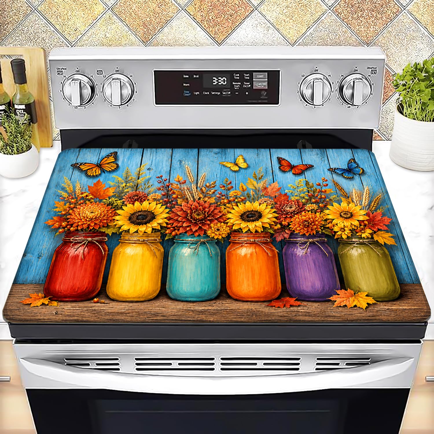 Stove Top Cover for Electric Stove 28 "x 20 ", Fall Floral Mason Jar Garden With Butterflies Glass Top Stove Cover Protector, Glass Cooktop Covers, Kitchen Flat Electric Stove Top Covers