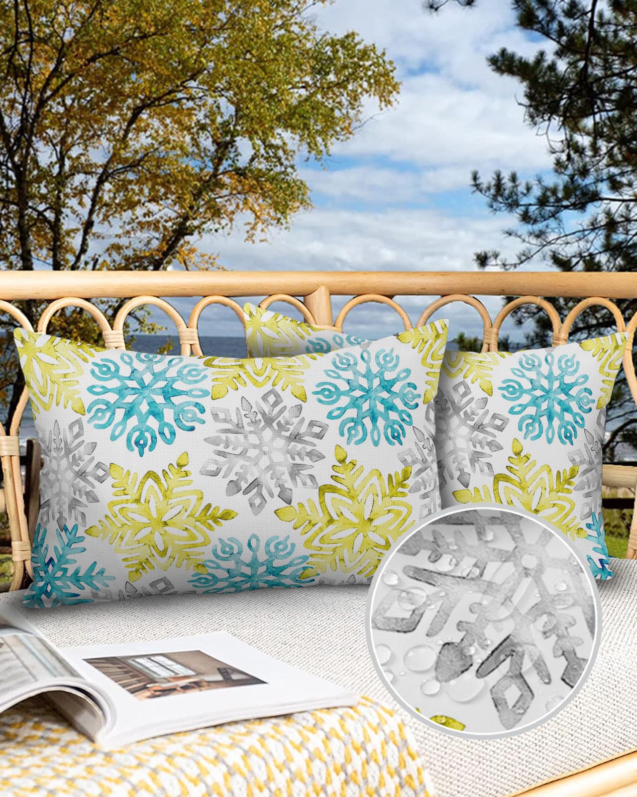 OComster Outdoor Pillow Covers Waterproof, Christmas Throw Pillowcase Decorative Cover, Teal Yellow Grey Snowflake Winter Xmas Watercolor Lumbar Pillow Covers Set of 2 for Sofa, Couch, Patio 20