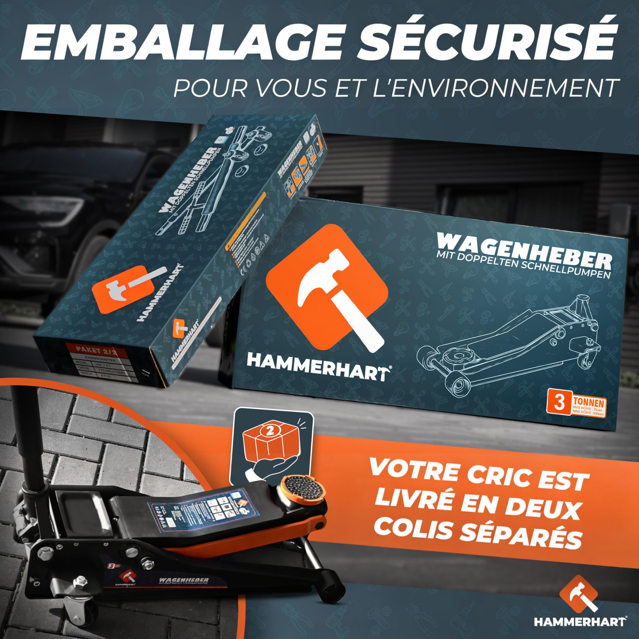 Cric hydraulique 3T | Cric certifié TÜV & GS | Cric Voiture Compact avec Une Hauteur de Levage de 75 à 500 mm [Vainqueur du Test] Cric avec revêtement en Caoutchouc, à Double Piston et T poignée