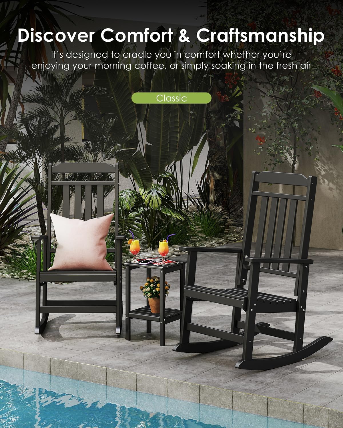 GREENVINES Outdoor-Rocking-Chairs-Set-of-2 | HDPE Plastic | Patio Rockers | Porch Rocker Chair | Oversized | High Back | Big & Tall | Black