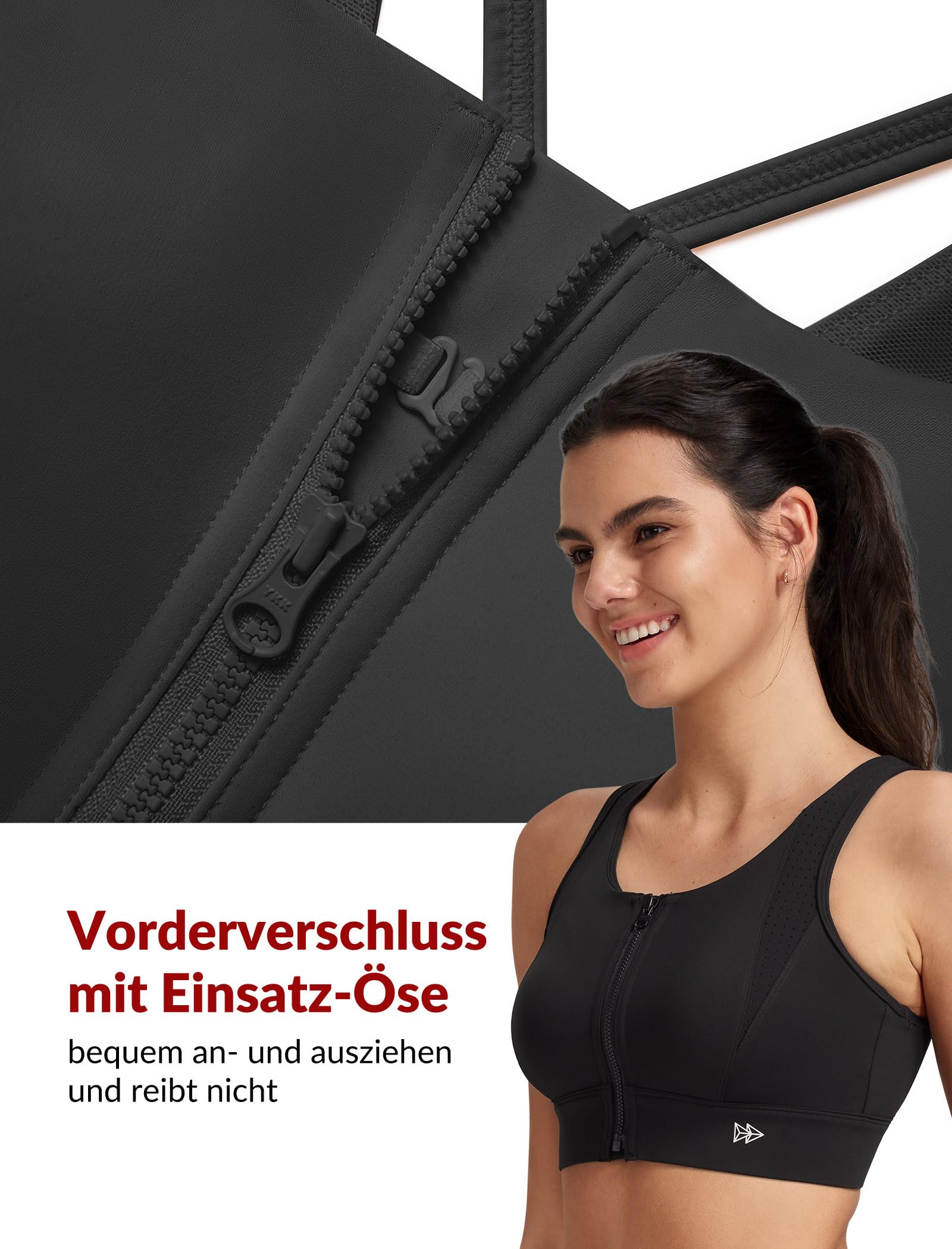 Yvette Soutien Gorge de Sport Femme Zipper Haut Maintien Grande Taille Dos Croisé sans Armature Coques Intégrées Idéale pour Gym Course Fitness