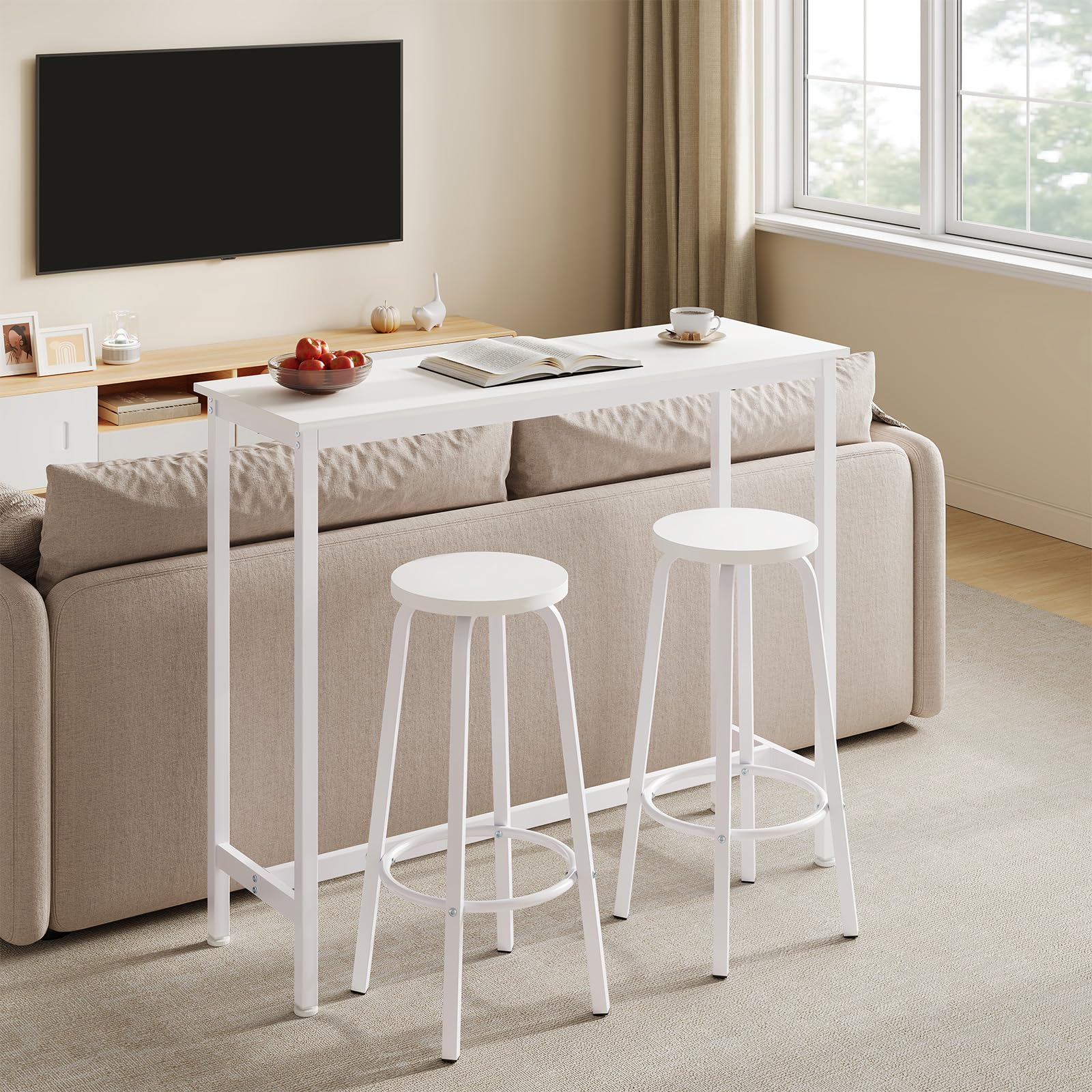 WOLTU Bartisch Set mit 2 Barhockern, Stehtisch & Barstuhl mit Metallgestell, Esstisch aus Holz für Bar Küche Wohnzimmer, Bistrotisch Bartheke Tresentisch, 120x40x100cm, Weiß