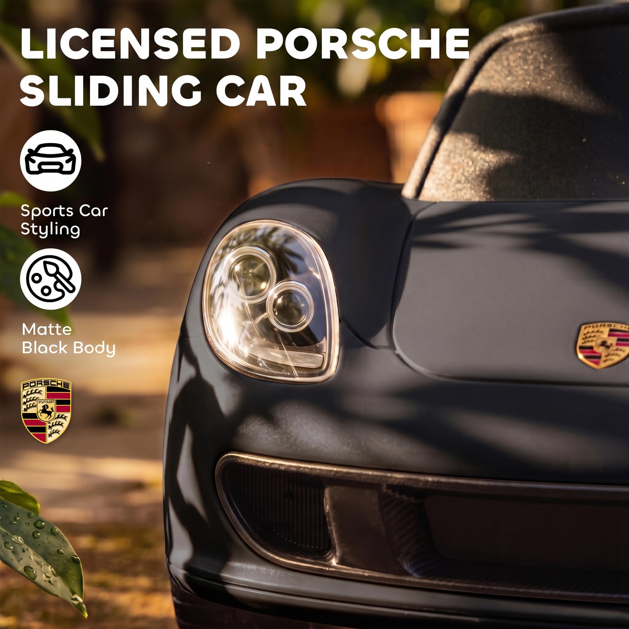 AIYAPLAY Jeździk Porsche dla dzieci z klaksonem, światłami i dźwiękiem rozruchu, 18-36 miesięcy, matowa czerń