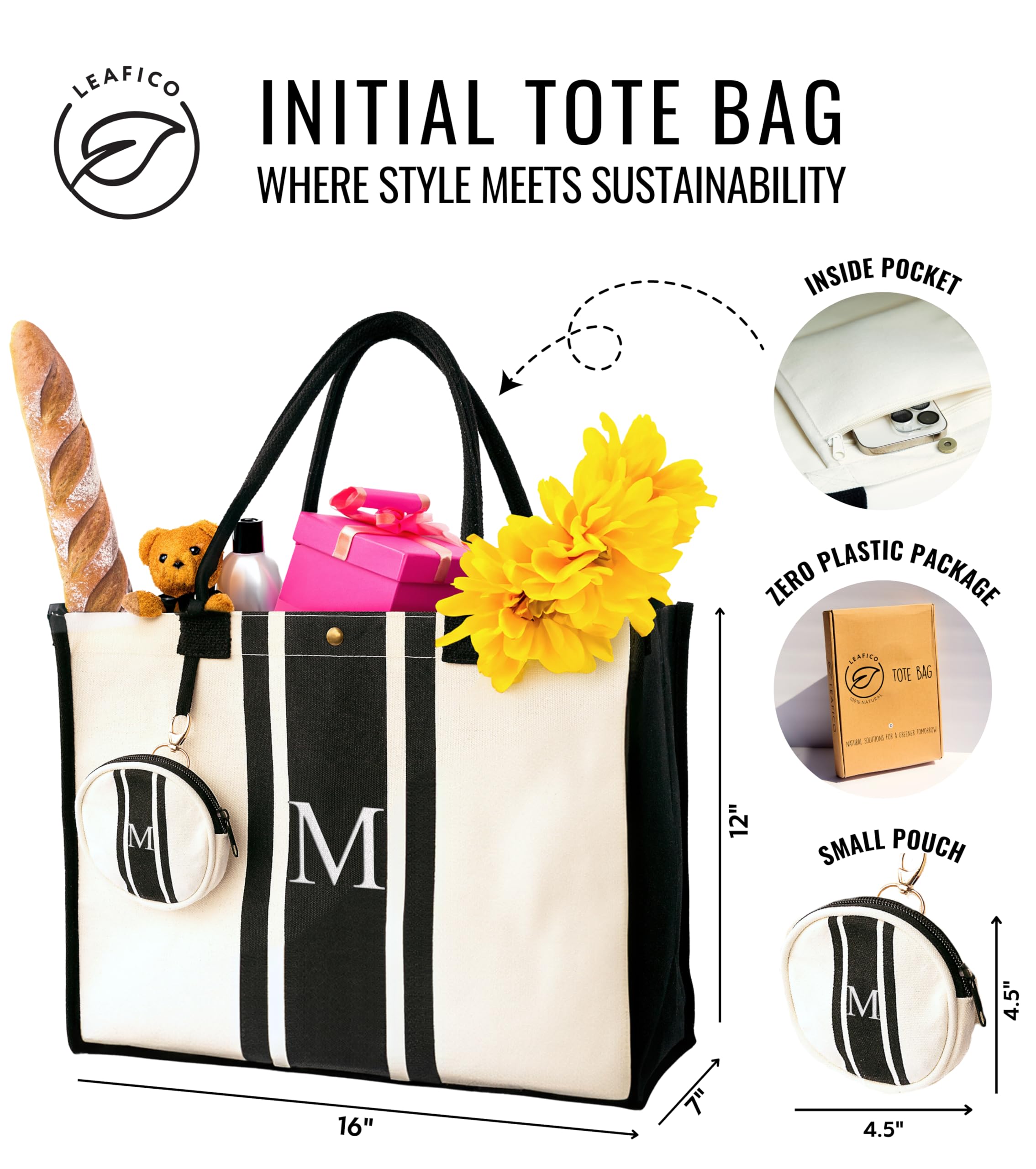 LEAFICO Initial Canvas Tote Bag - Embroidered Letter Beach Bag, Monogrammed Personalized Gift Bag For Women, Make Up Purse