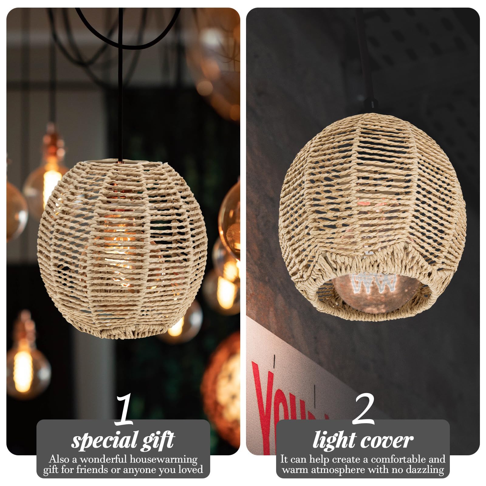 2pezzi Paralume Rattan Intrecciato per Lampada a Sospensione, Coprilampada in Corda Imitazione, Stile Rustico Farmhouse, per Casa e Bar, Attacco E27