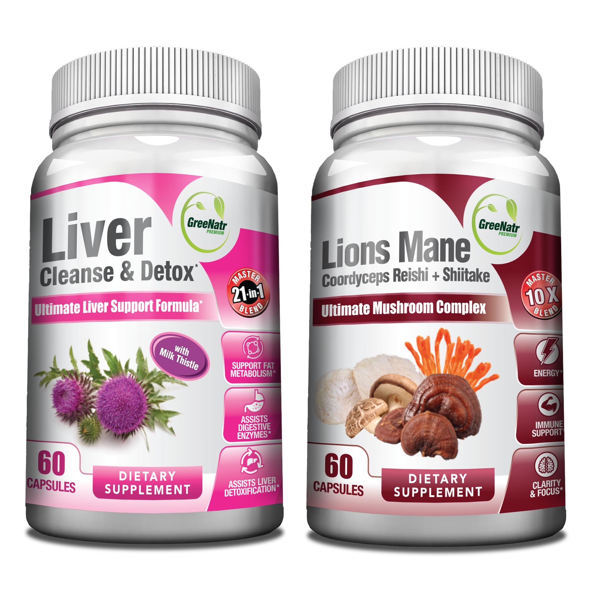 GreeNatrImmune Support & Liver Cleanse Formula Bundle: Boost Your Immune System with 10 Mushroom Extracts, Including Lion's Mane & Chaga, and Experience Enhanced Liver Health, Digestion