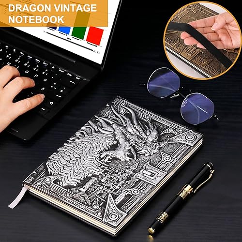 Miniatura 6 de DND - Cuaderno de dragón de cuero en relieve 3D, diario de viaje vintage A5 con funda para bolígrafo y bolígrafo, diario diario diario hecho a mano