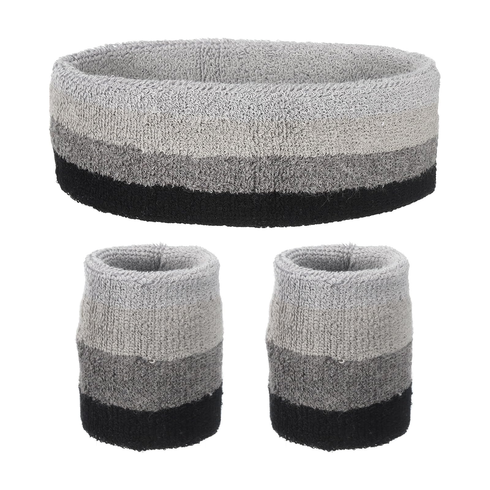 sourcing map Sweat Band Set Sports Terry Cloth Headband Wristband Set 7"x2" Moisture Wicking Sweat Absorbing Head Band for Women Men Workout Exercise Basketball(Dark Gray/Light Gray)