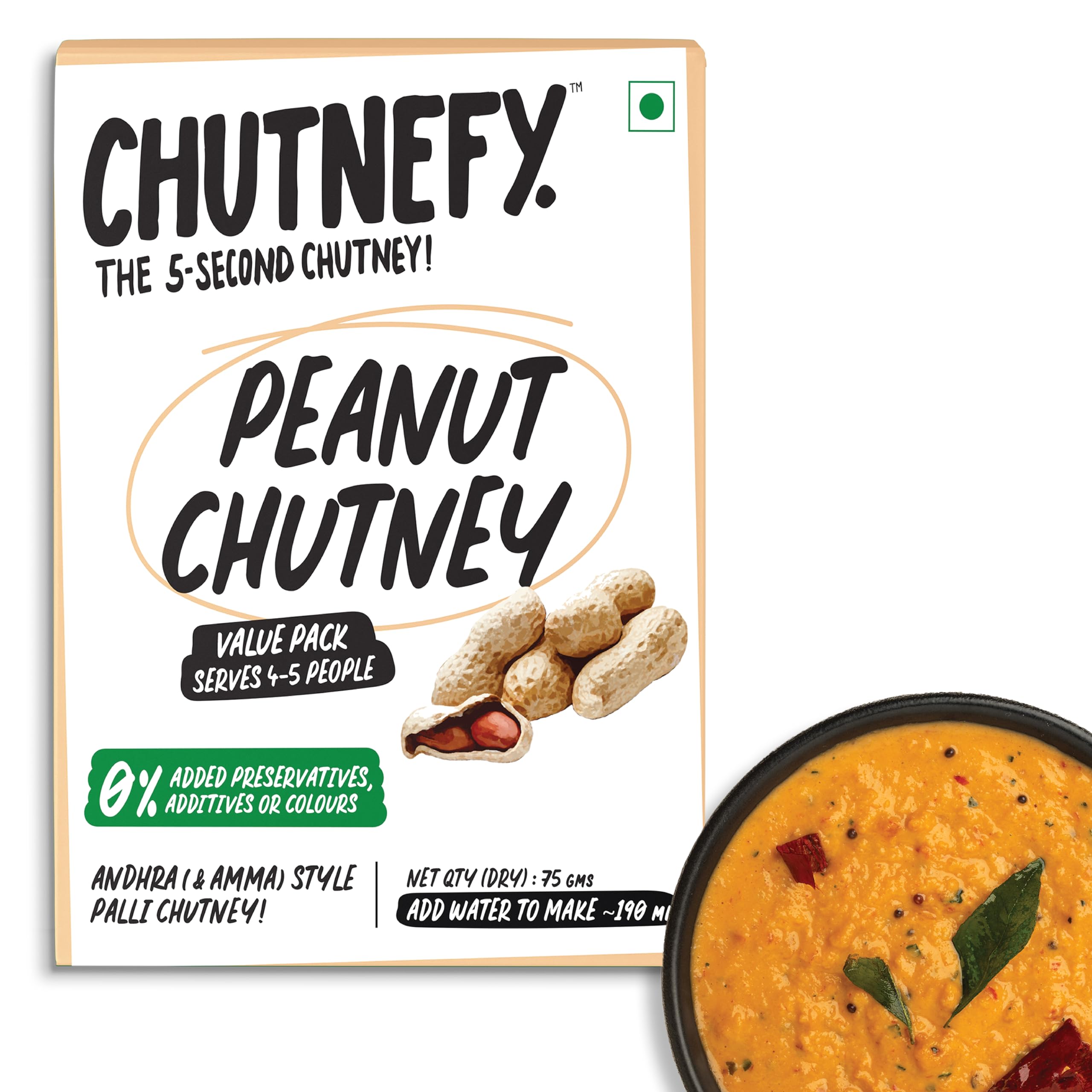 Chutnefy Peanut (Singdana/Mumfali/Palli) Chutney | 100% Natural | Pack of 1*75gms (Dry) | Add Water to make 225ml | 4-5 Servings | No Preservatives Authentic Andhra Style | Instant Chutney in 5 Second